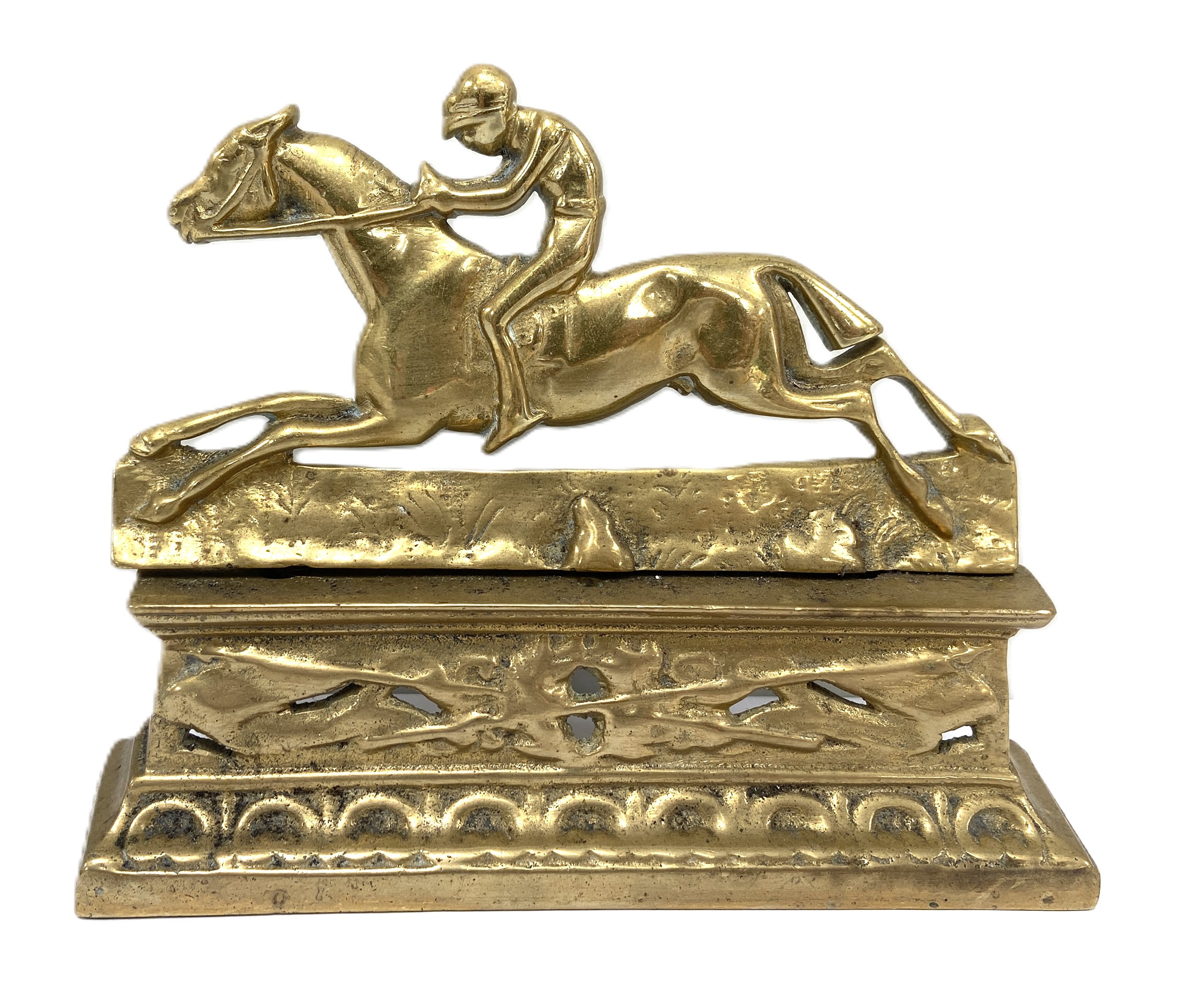 A 19th century brass horse mounting stool, with three legs and cented by a fretwork cut horse; - Bild 2 aus 5