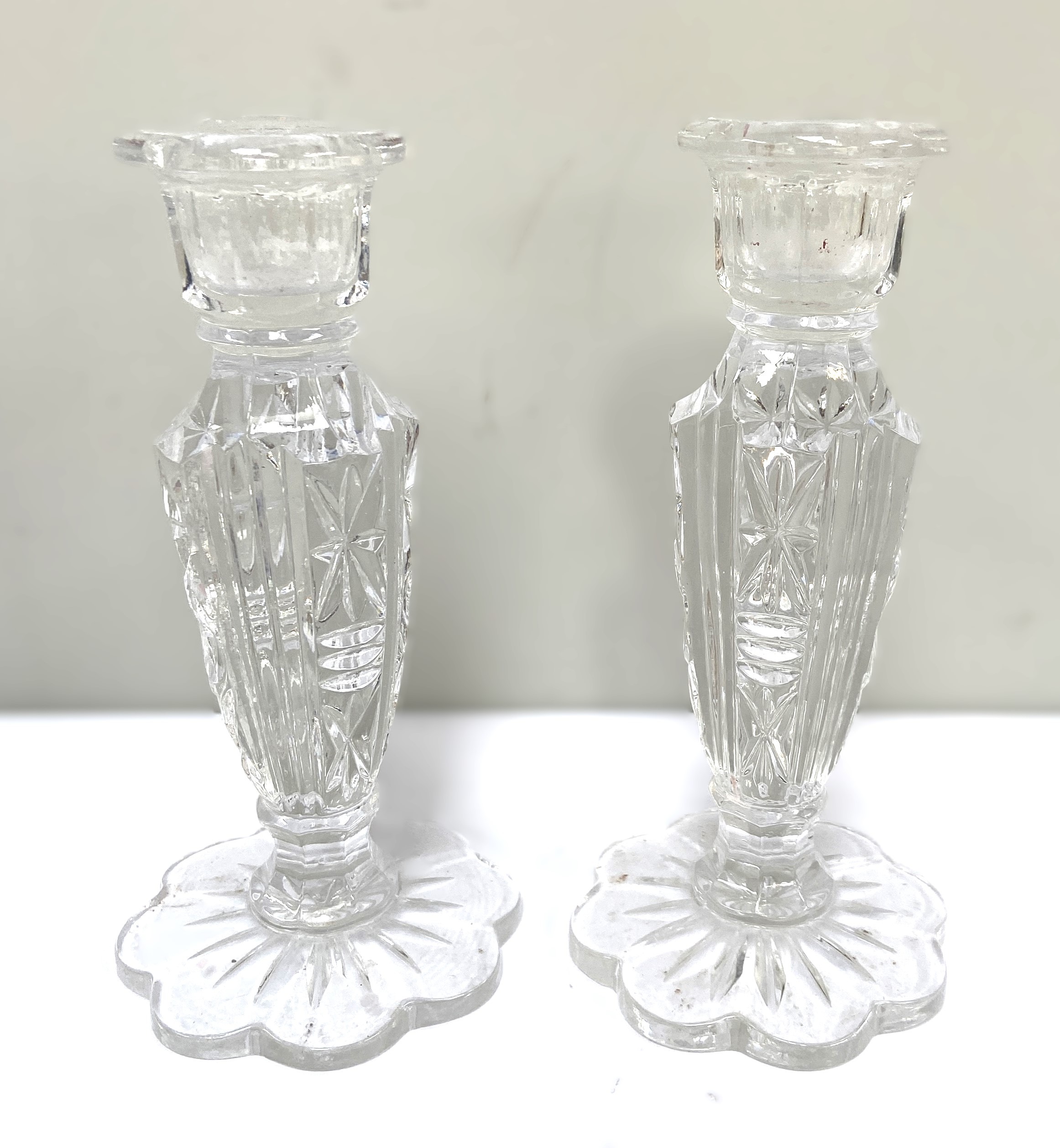 A collection of various cut glass jugs, a small pair of candlesticks, a flared vase and similar - Image 3 of 6