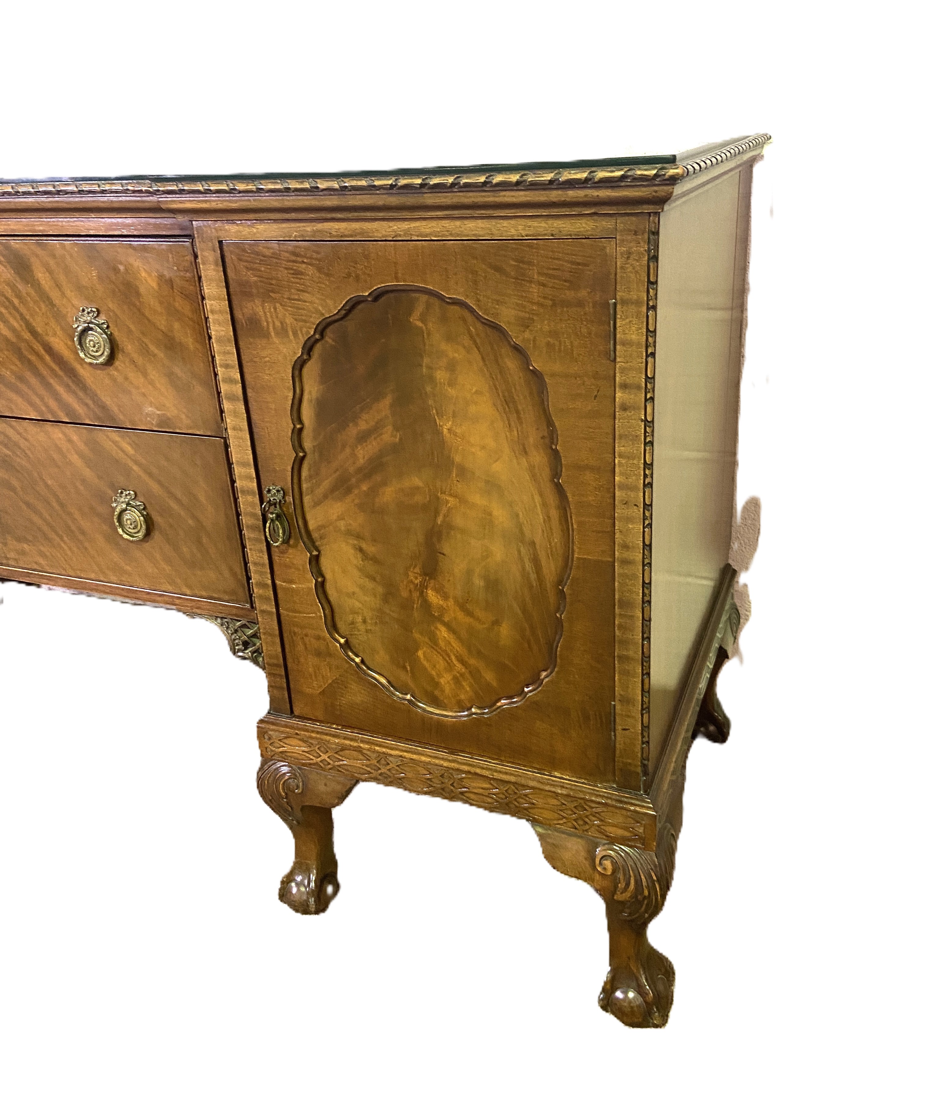 A George III style breakfront mahogany veneered sideboard, the plain top with a moulded edge, over - Image 2 of 4