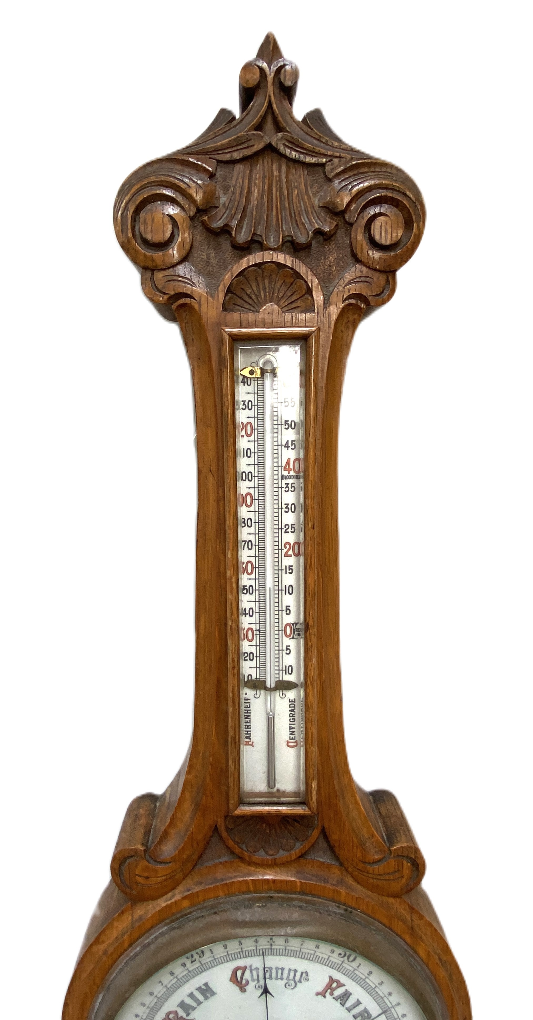 Two Victorian oak cased aneroid wall barometers, late 19th century, both with moulded and carved - Image 6 of 7