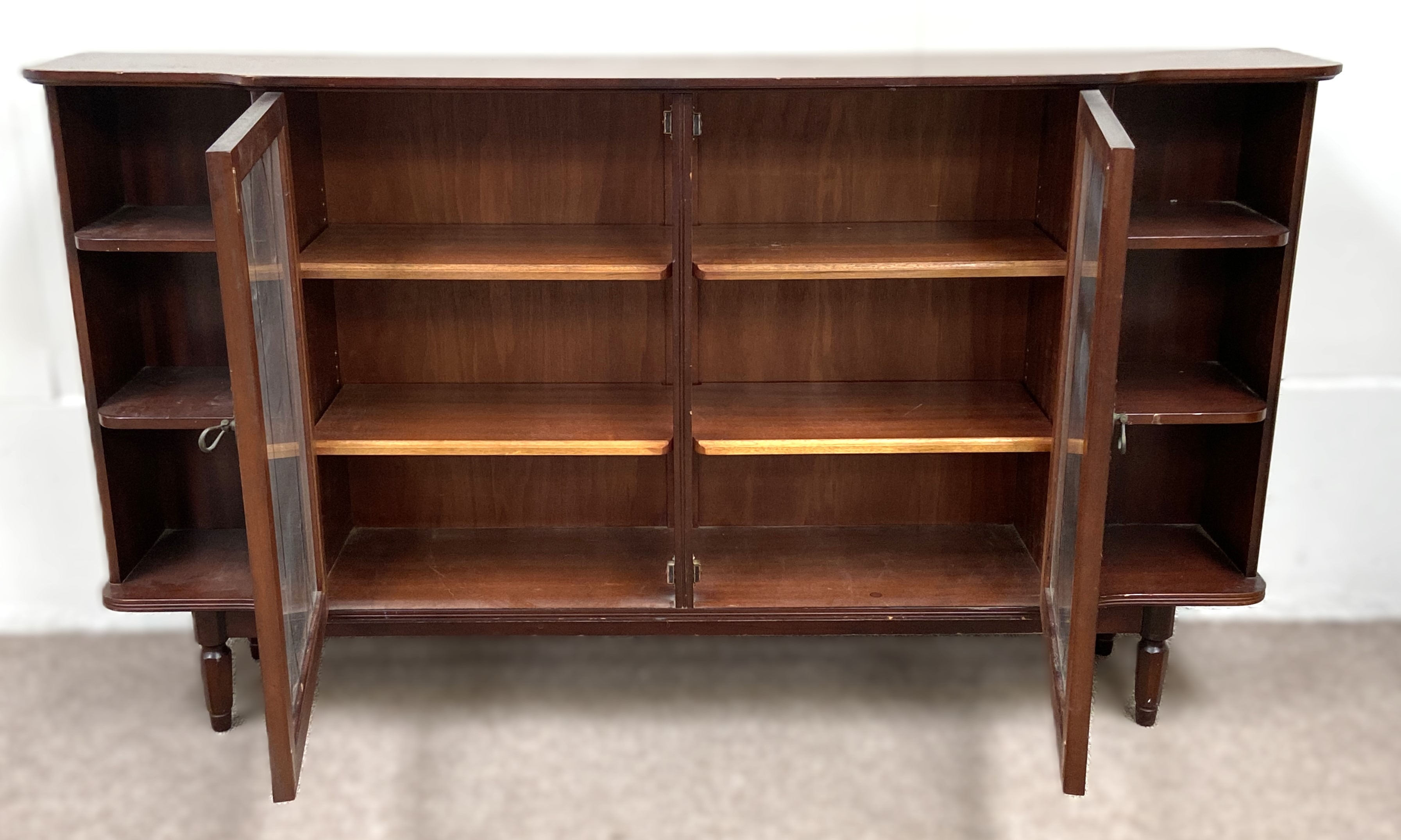 A Georgian style low bookcase, modern, with two glazed bookcase doors flanked by open shelves, - Image 3 of 3