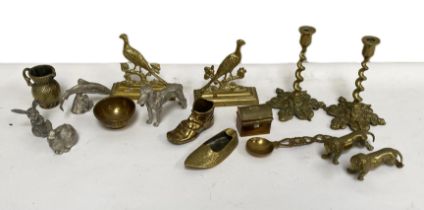 A selection of novelty brass and metalware figures of animals and birds, including two pheasants,
