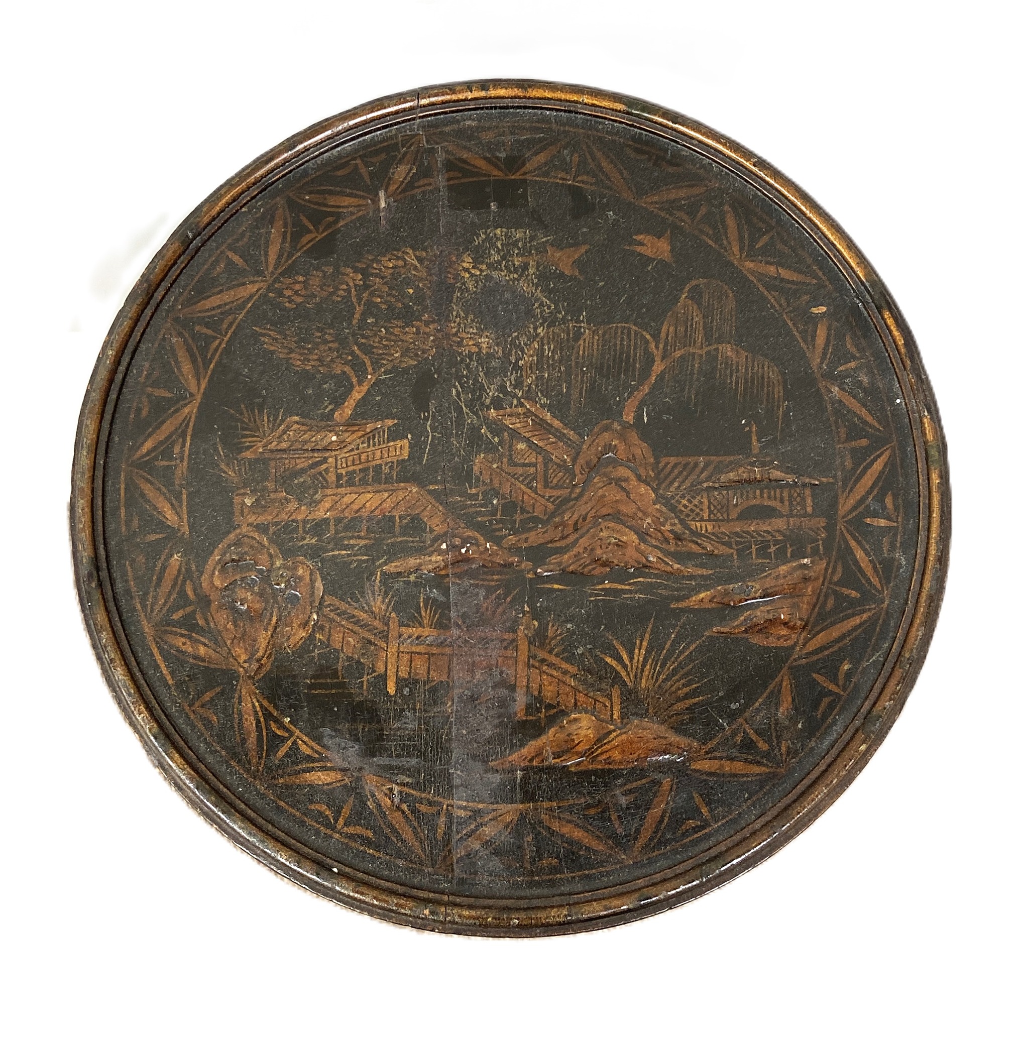 A 19th century Japanned work table, with a hinged circular lid, inner tray and fabric covered basket - Image 3 of 3