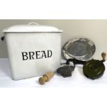 A large vintage enamelled tin Bread bin; together with a table mounted ‘marmalade cutter’ and