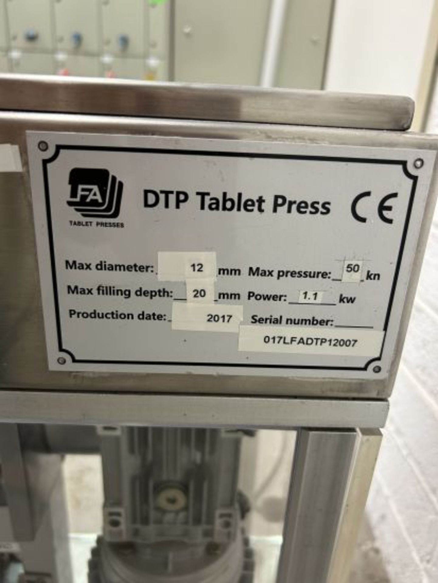 2017, DTP Tablet Press, Max Diameter 12mm, Max Pressure 50 kn, Power 1.1kw. - Image 5 of 5