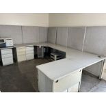 10'X10'X6' FORMICA OFFICE WORKSTATION, W/ (6) 3D MET. STOR. CAB.'S & UPH. PARTITIONS