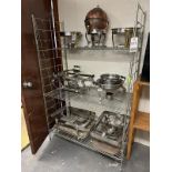 LOT OF ASS'T CHAFING DISHES & ACCESSORIES W/ 4' MET. SHELVING