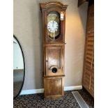 ANTIQUE WOOD GRANDFATHER'S CLOCK, (APPROX. 150 YRS. OLD), PORCELAIN FACE FRAMED W/ HAND HAMMERED