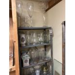 LOT OF ASS'T GLASS FLORAL VASES W/ MET. SHELVING