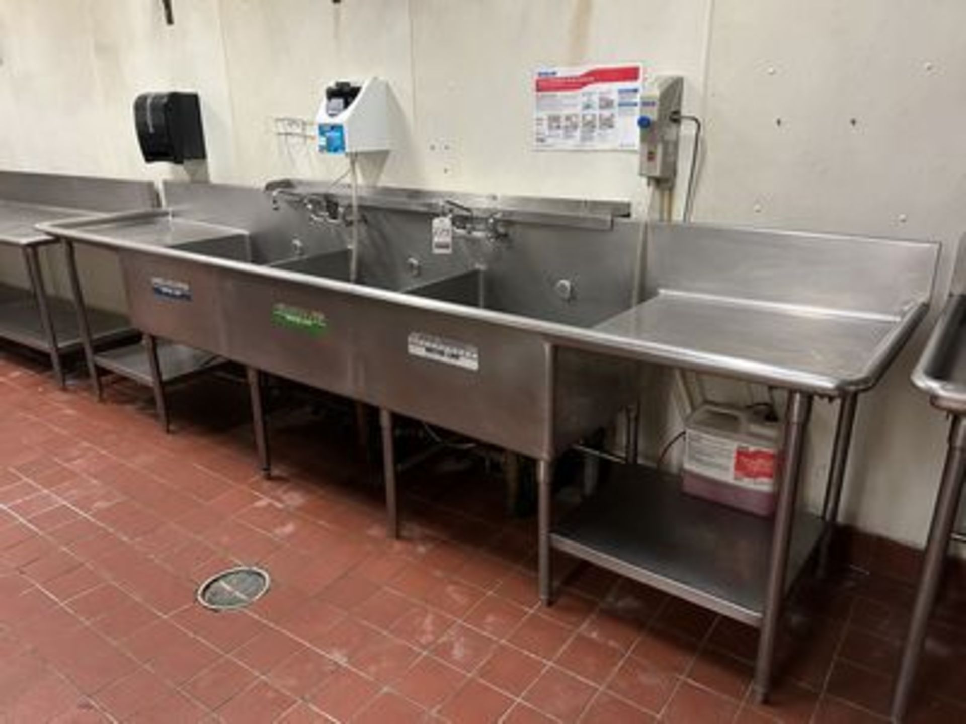 12' S.S. 3-COMPARTMENT DEEP SINK W/ (2) FAUCETS & DRAINBOARDS