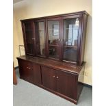 76" 4D MAHONAGY CREDENZA W/ (4) GLASS DOOR OVERSHELF STOR.