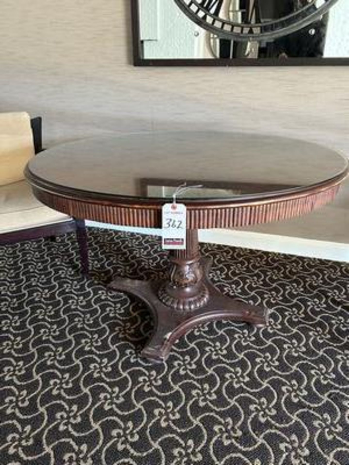 48" DIA. S.P. WOOD TABLE W/ GLASS TOP