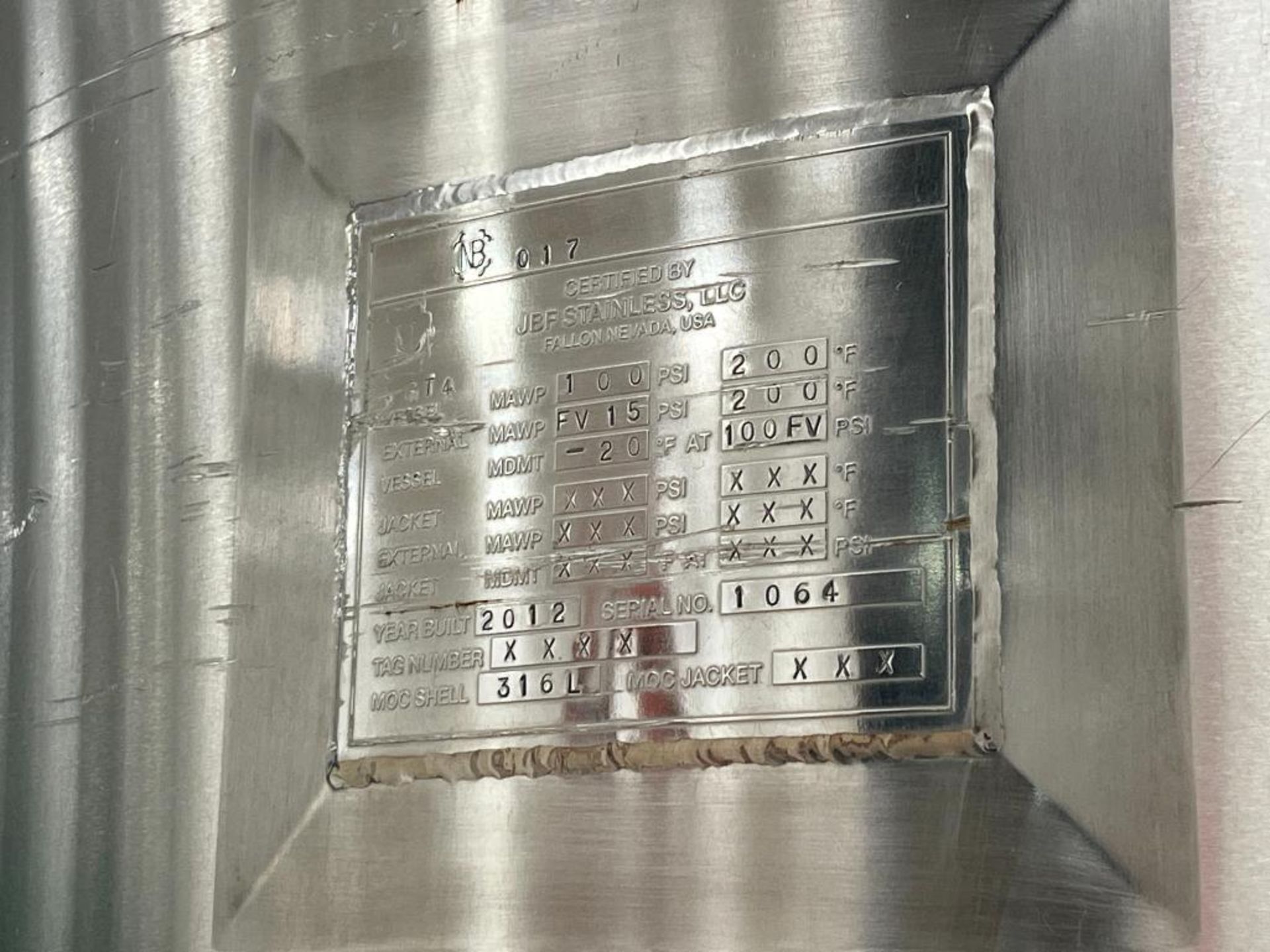 JBF 316L Stainless Steel Pressure Tank, Aproximate 1000 Liter National Board #017 Seriel #: 1064 (Bu - Image 6 of 8