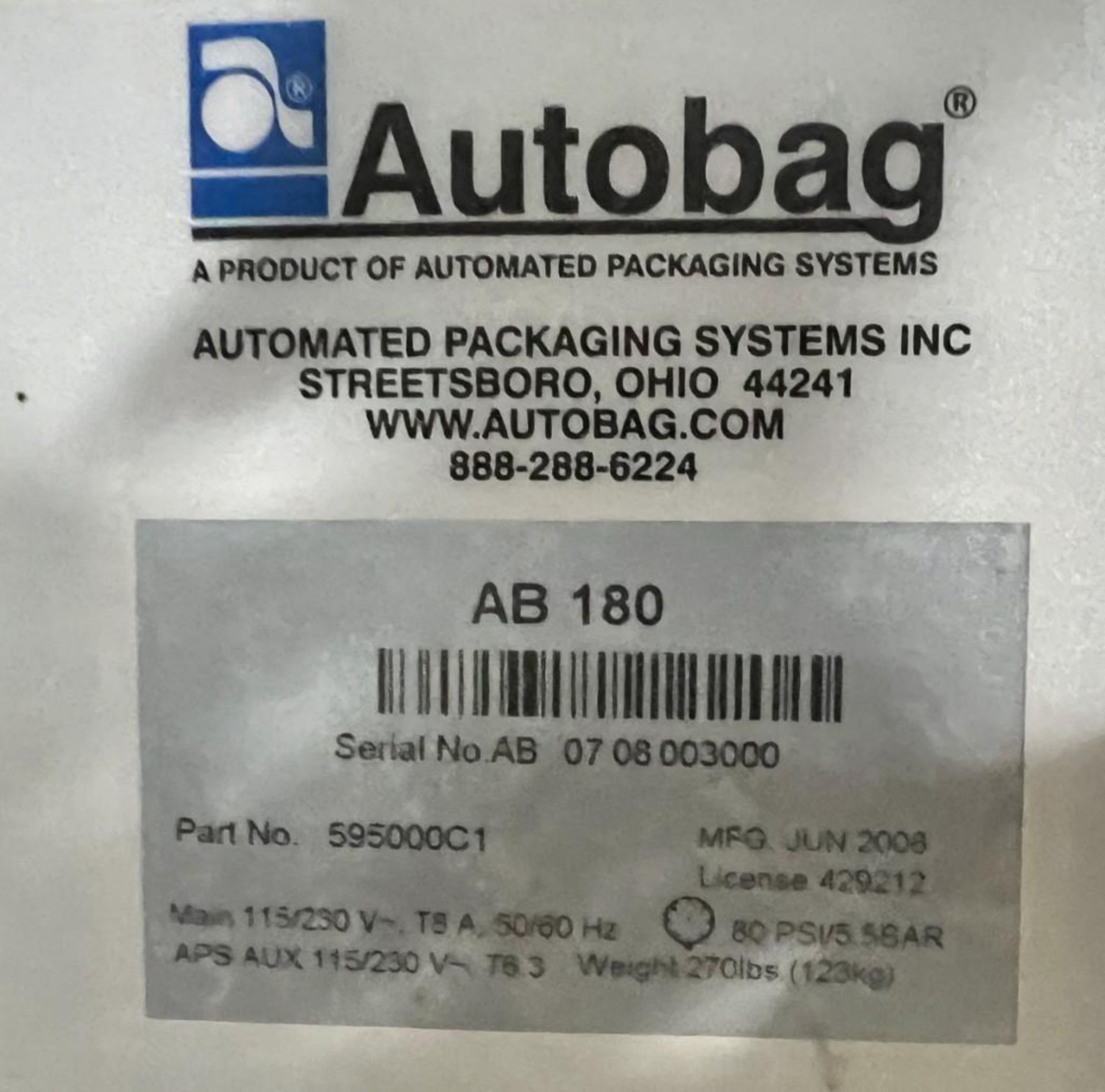 Automated Packaging Systems Autobager, Model AB180, serial# ab-0708003000, Built 06/2006. **WORKING - Image 6 of 6