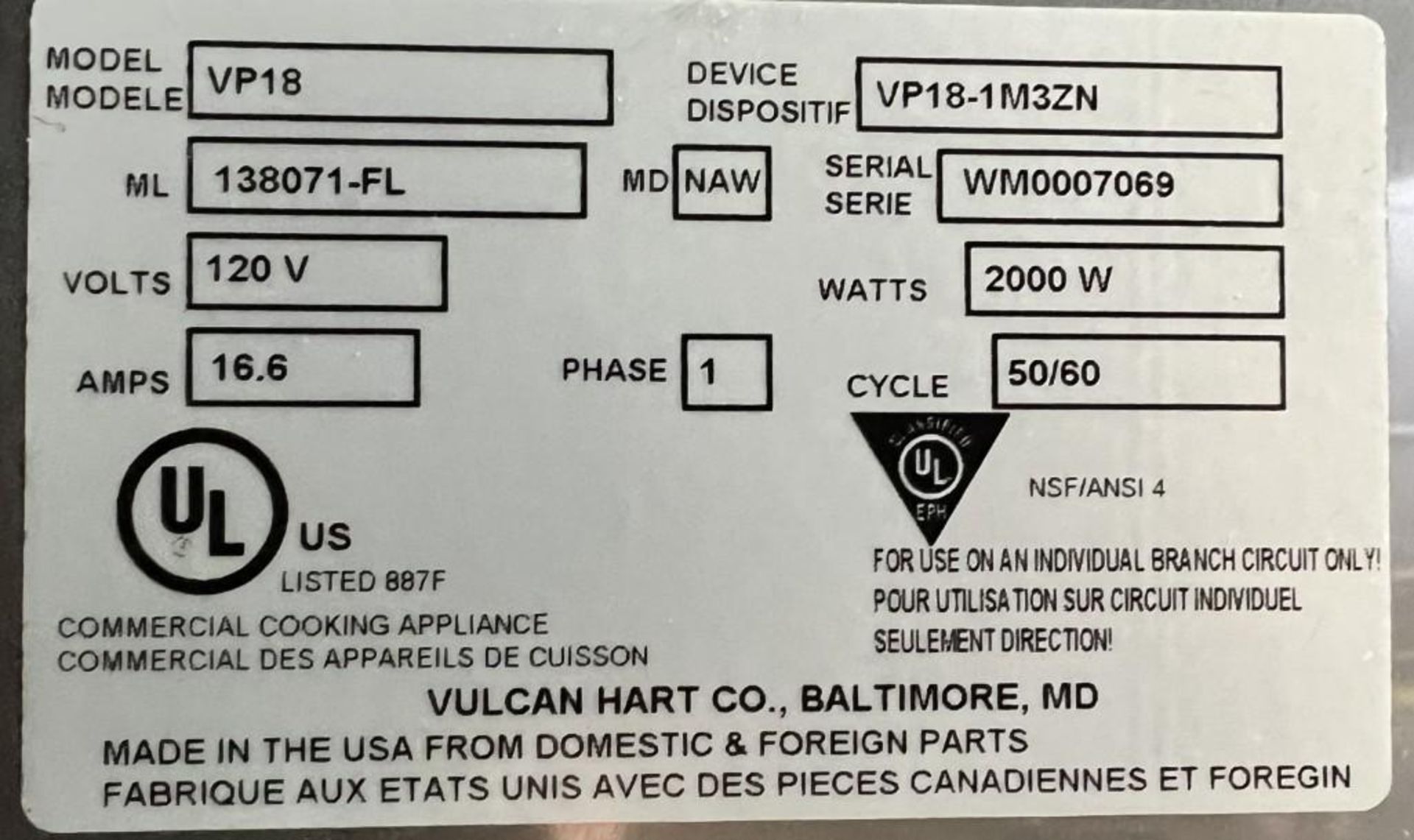 Vulcan Hart VP18 Full Size Non-Insulated Holding Proofing Cabinet, Device# 1M3ZN, Serial# WM0007069. - Image 7 of 7