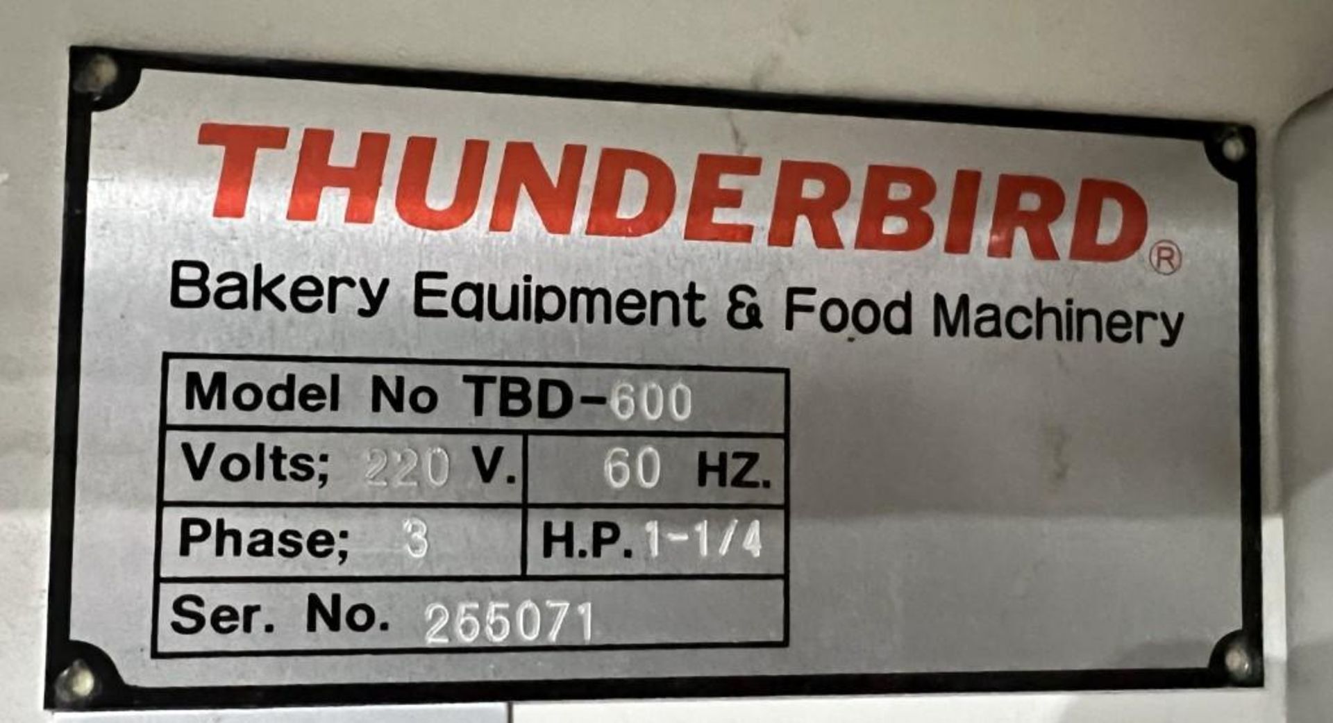 Thunderbird Bakery Equipment Reversible Dough Sheeter, Model TBD-600, Serial# 255071. - Image 7 of 7