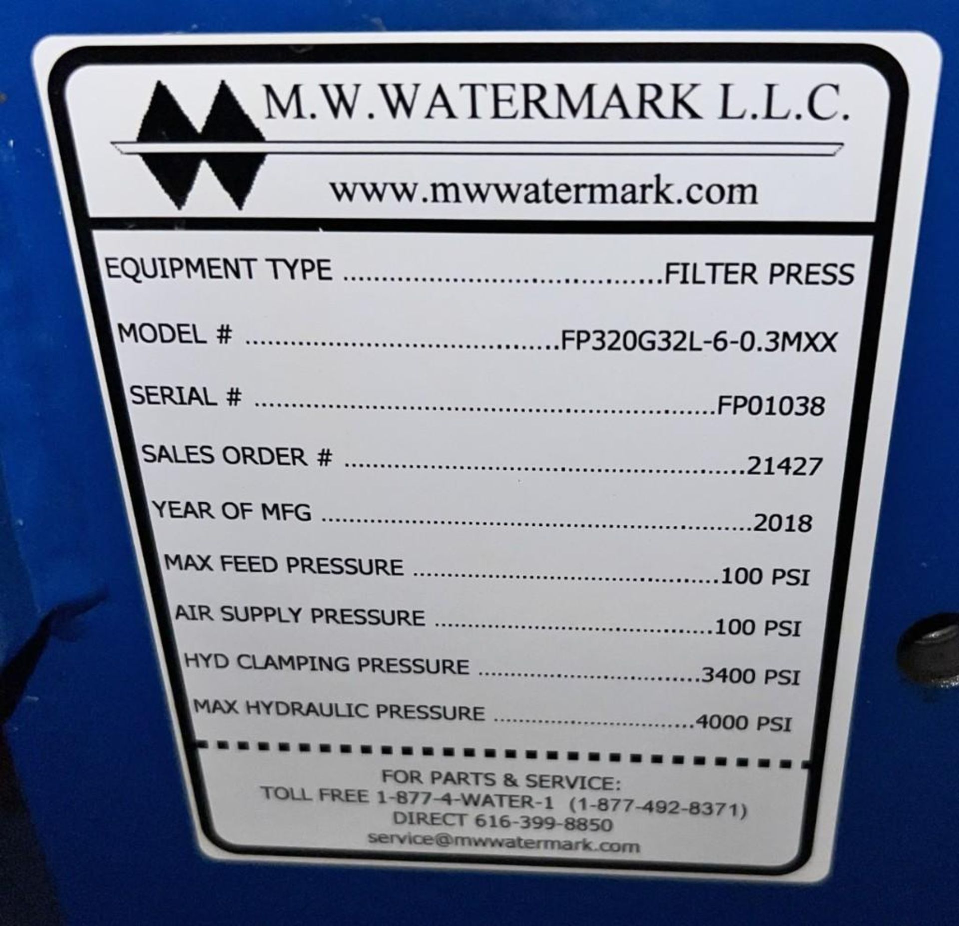 M.W. Watermark Filter Press, Model FP320G32L-6-0.3MXX, Serial# FP01038, Bui;lt 2018. - Image 16 of 16