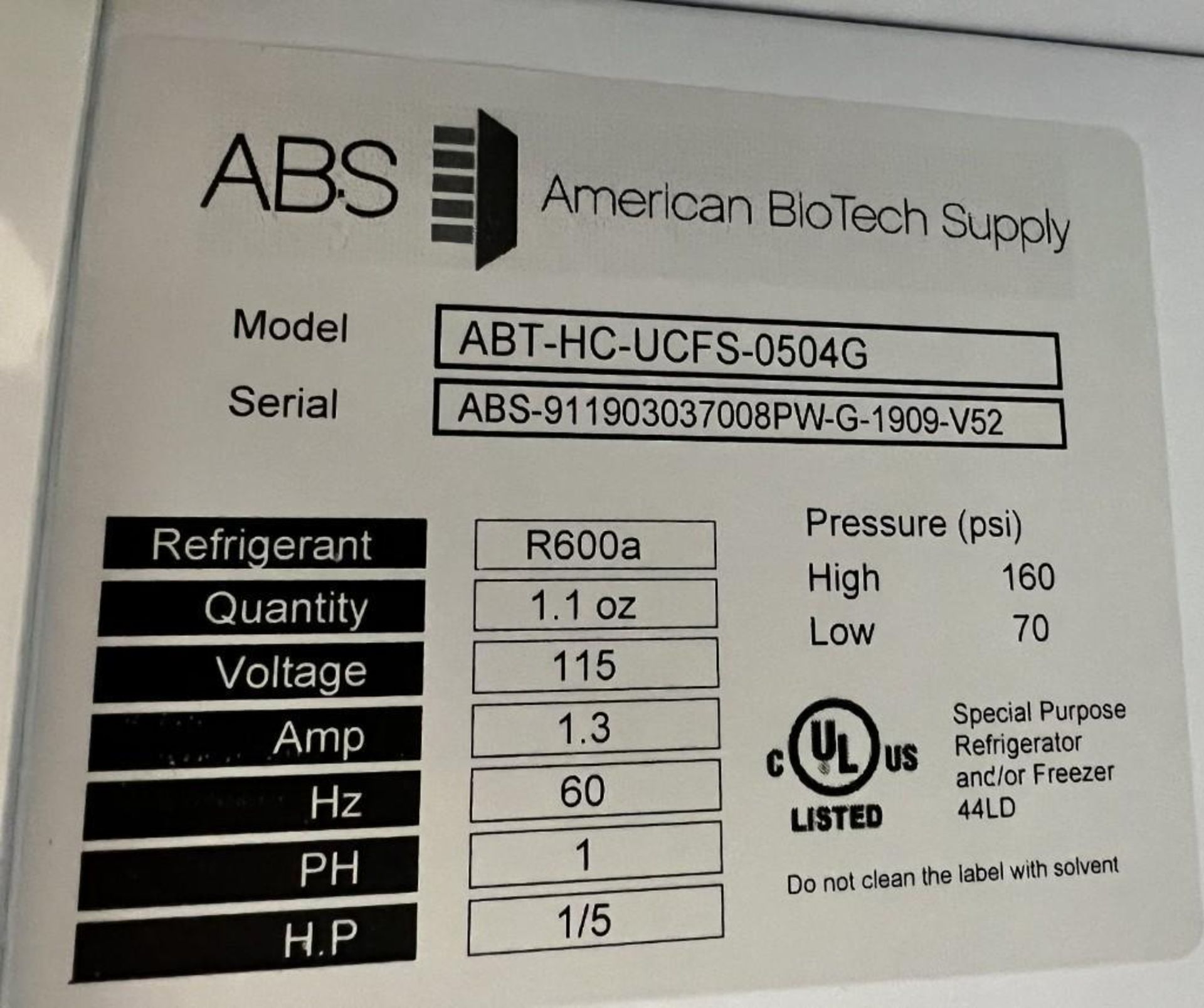 ABS American Biotech Supply Refrigerator, Model ABT-HC-UCFS-0504G, Serial# ABS-911903037008PW-G-1909 - Image 5 of 5