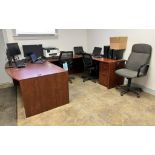 Lot Consisting Of: (1) U Shaped desk, (3) chairs, (3) computers with monitors, (3) laptops, (2) prin