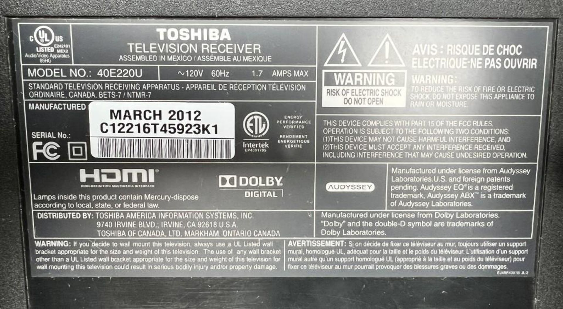 Lot Consisting Of: (1) TV Stand, (1) Toshiba model 40E220U TV, (1) TCL Roku model 32S305 TV. - Image 4 of 7