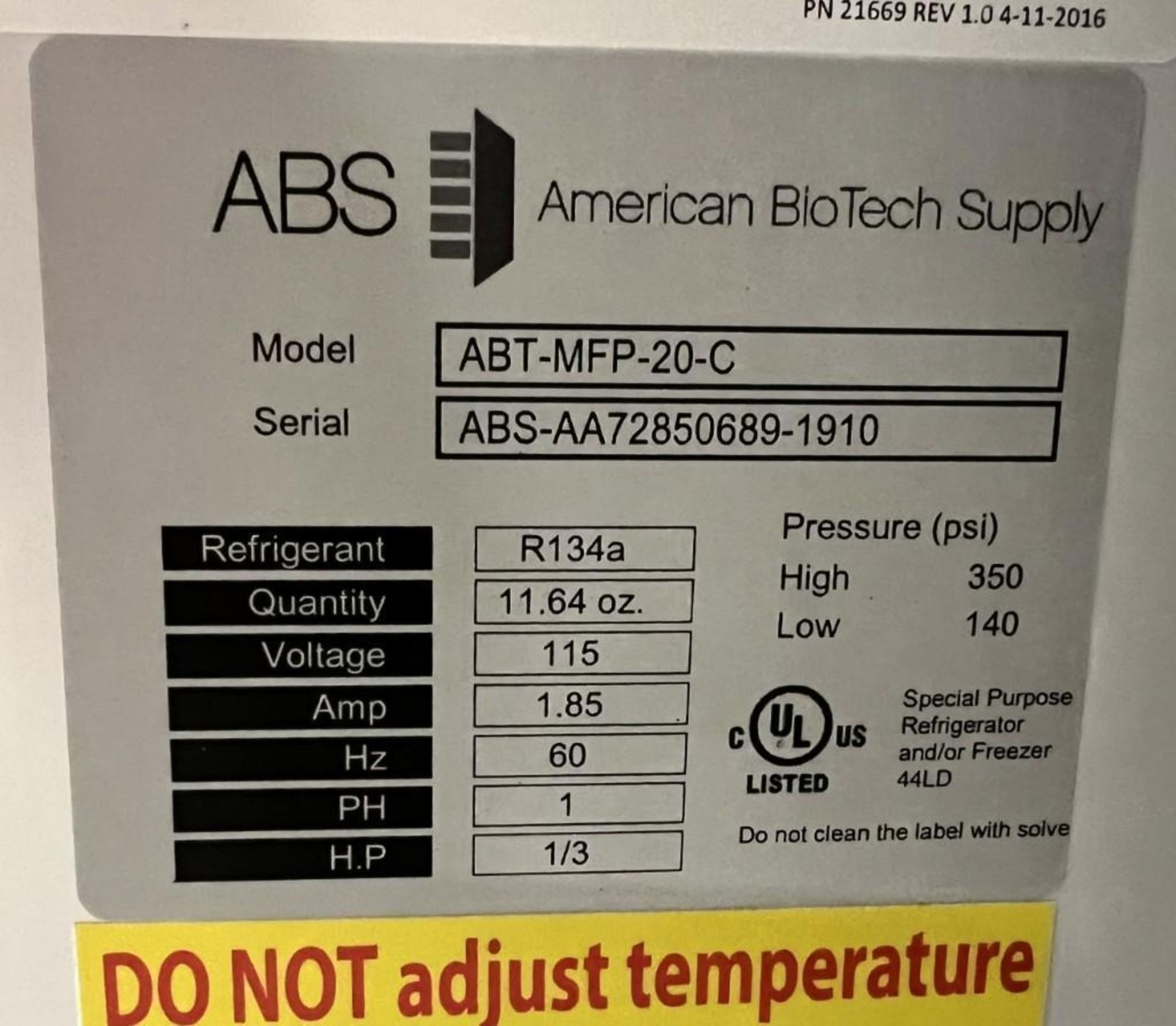 ABS American Biotech Supply Chest Freezer, Model ABT-MFP-20-C, Serial# ABS-AA72850689-1910. - Image 6 of 6