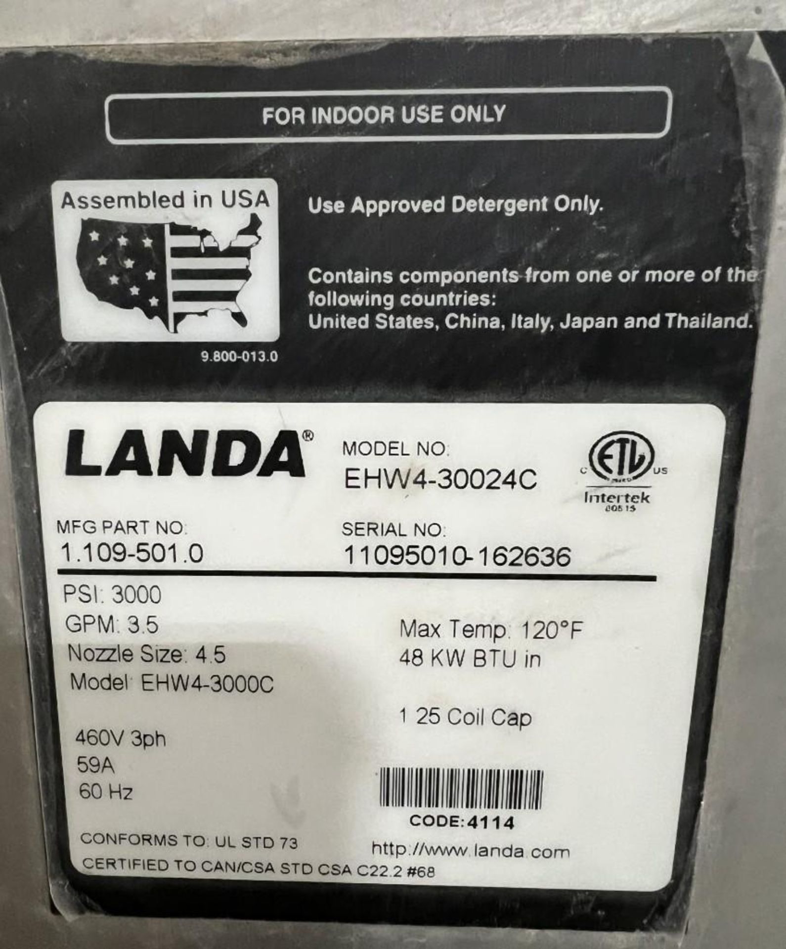 Landa EHW Series Electric Hot Water Pressure Washer, Model EHW4-30024C, Part# 1.109-501.0, Serial# 1 - Image 4 of 6