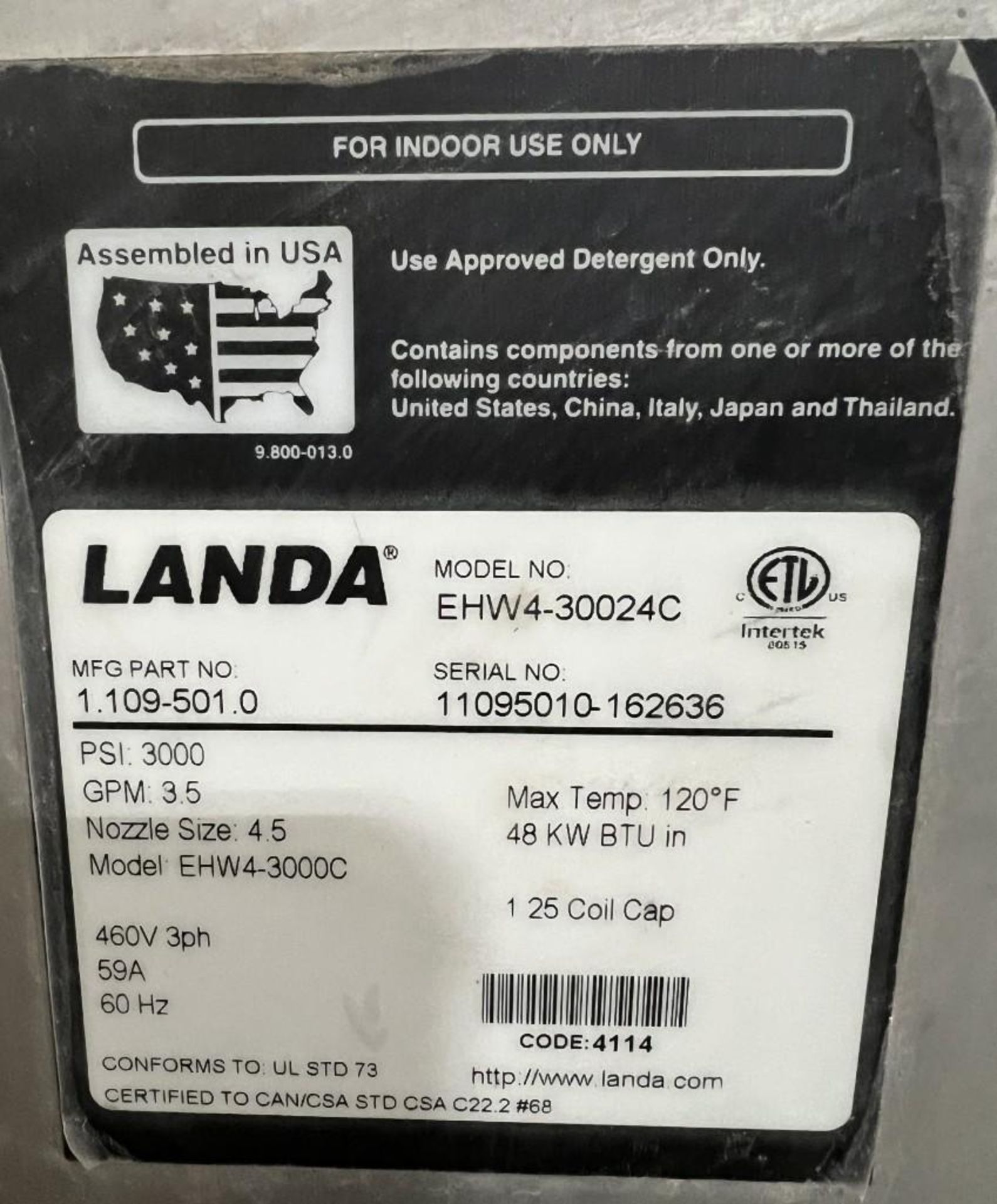 Landa EHW Series Electric Hot Water Pressure Washer, Model EHW4-30024C, Part# 1.109-501.0, Serial# 1 - Bild 4 aus 6