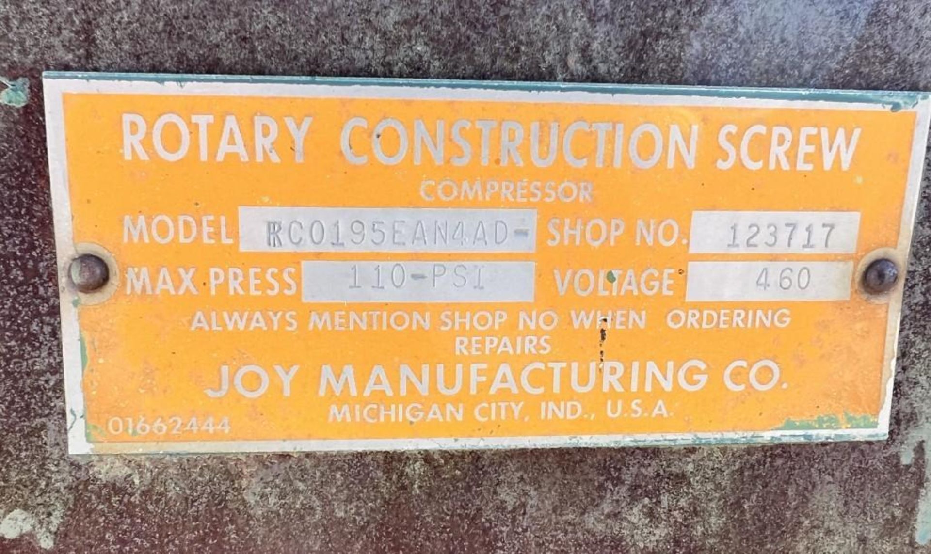 Joy Rotary Screw Compressor, Model RC0195EAN4AD, Shop# 123717. With a 40hp motor. - Image 9 of 9