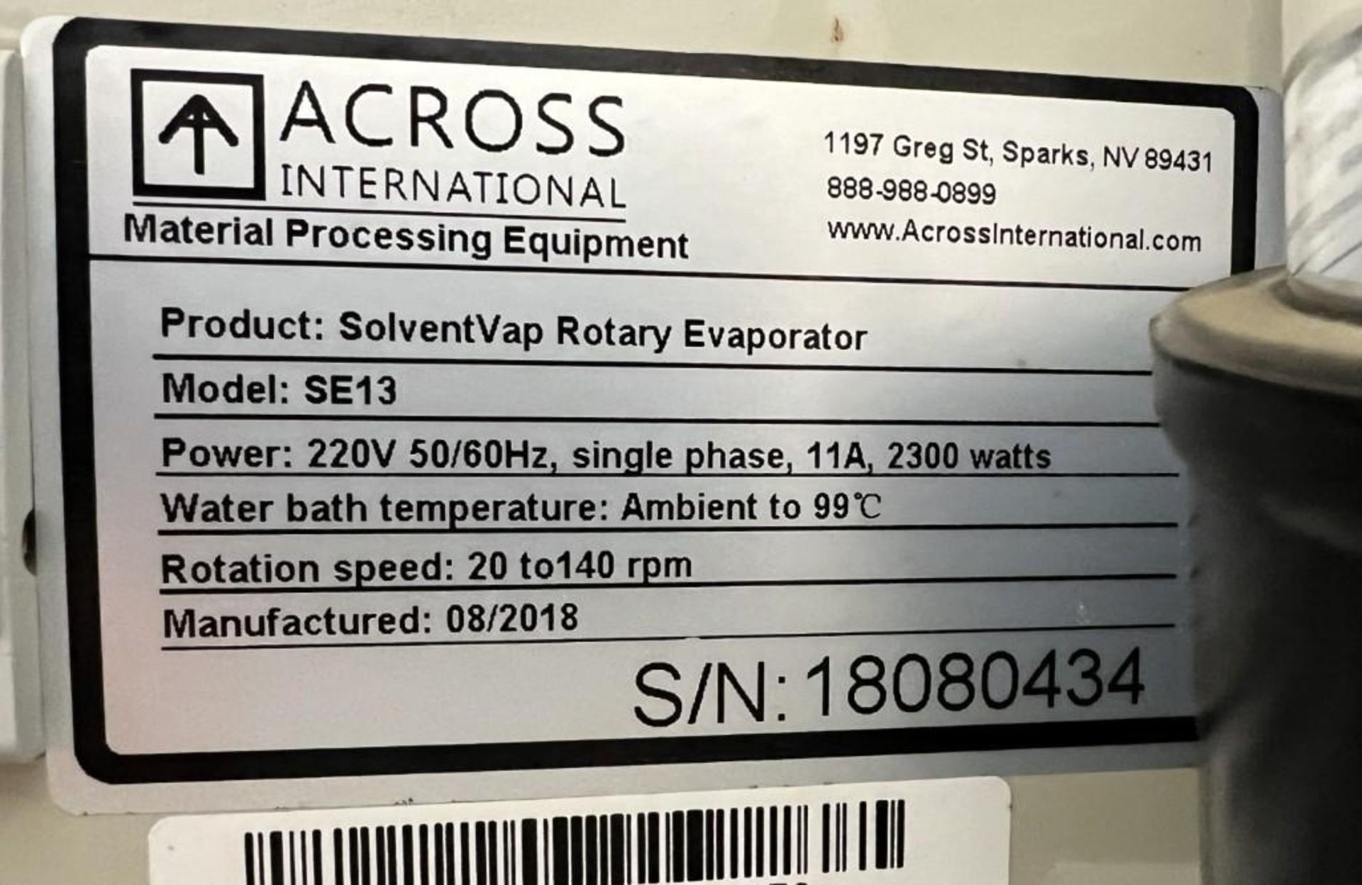 Across International SolventVap Rotary Evaporator, Model SE13, Serial# 18080434, Built 08/2018. With - Image 9 of 17