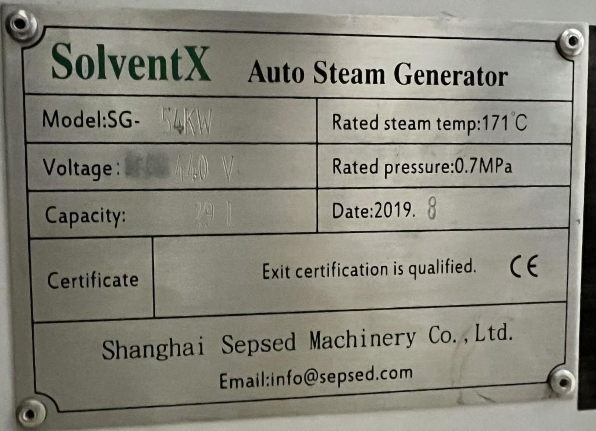 Shanghai Sepsed Machinery Solvent X Auto Steam Generator, Model SG-54KW, Built 08/2019. ***SEE LOT# - Image 9 of 10