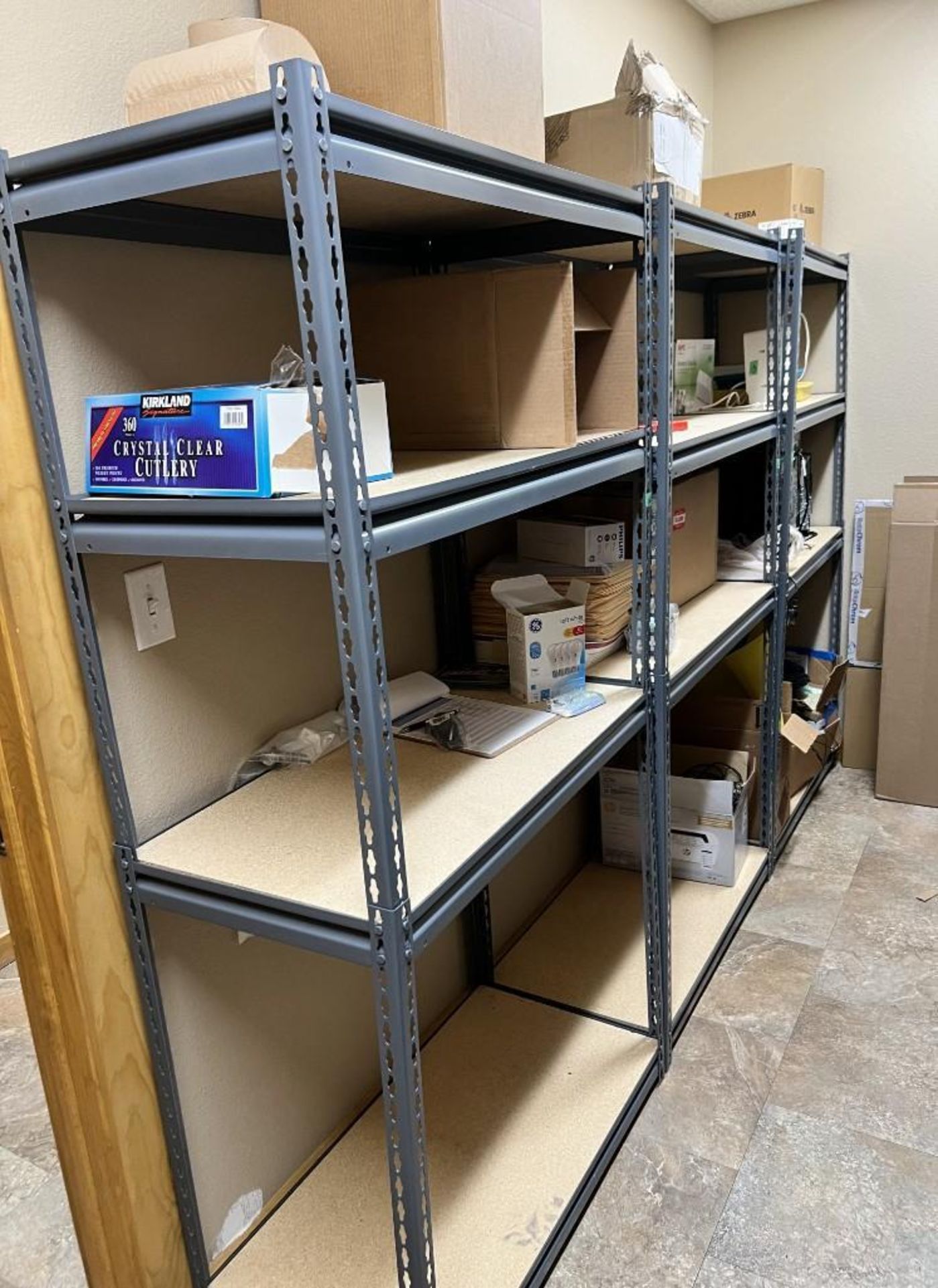 Lot Of Contents Of Storage Room A. With (6) Metal shelves, bookcase, misc. computers and office supp - Image 3 of 20