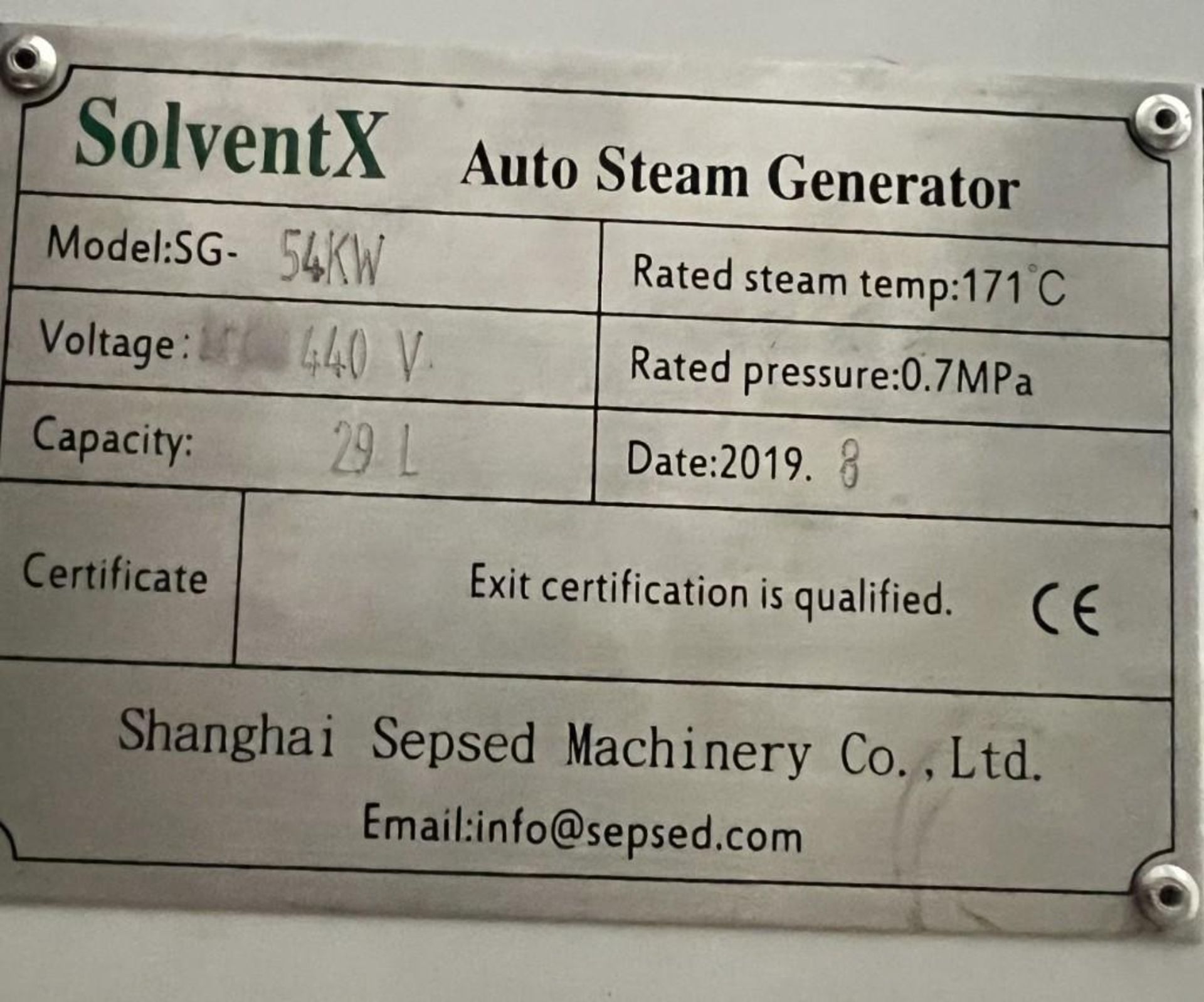 Shanghai Sepsed Machinery Solvent X Auto Steam Generator, Model SG-54KW, Built 08/2019. ***SEE LOT# - Image 10 of 10