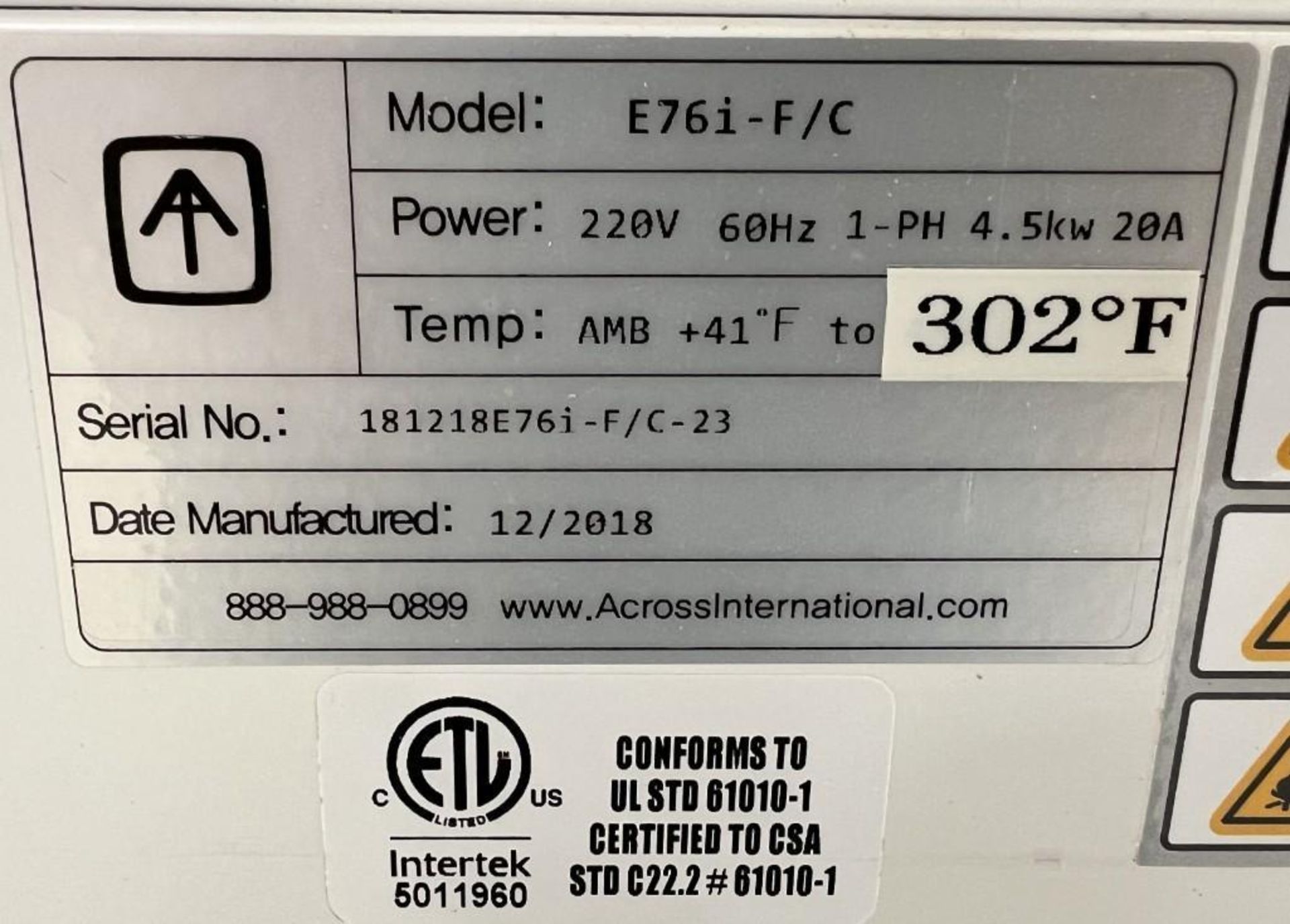 Across International Elite Series Vacuum Oven, Model E76i-F/C, Serial# 181218E76i-F/C-23, Built 12/2 - Image 7 of 7