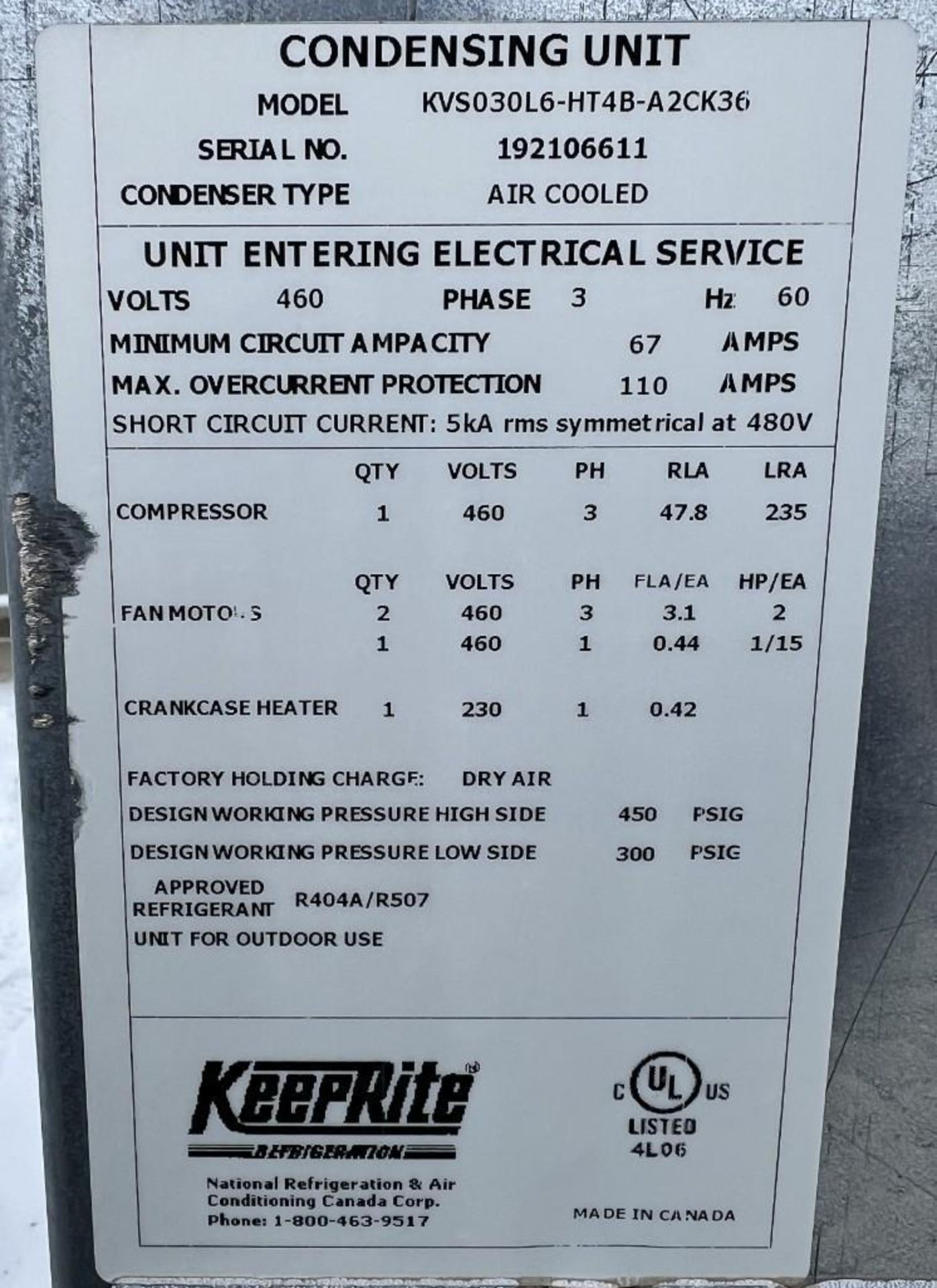 Keeprite Air Cooled Condensing Unit, Model KVS030L6-HT4B-A2CK36, Serial# 192106611. ***SEE LOT# 43** - Image 11 of 11