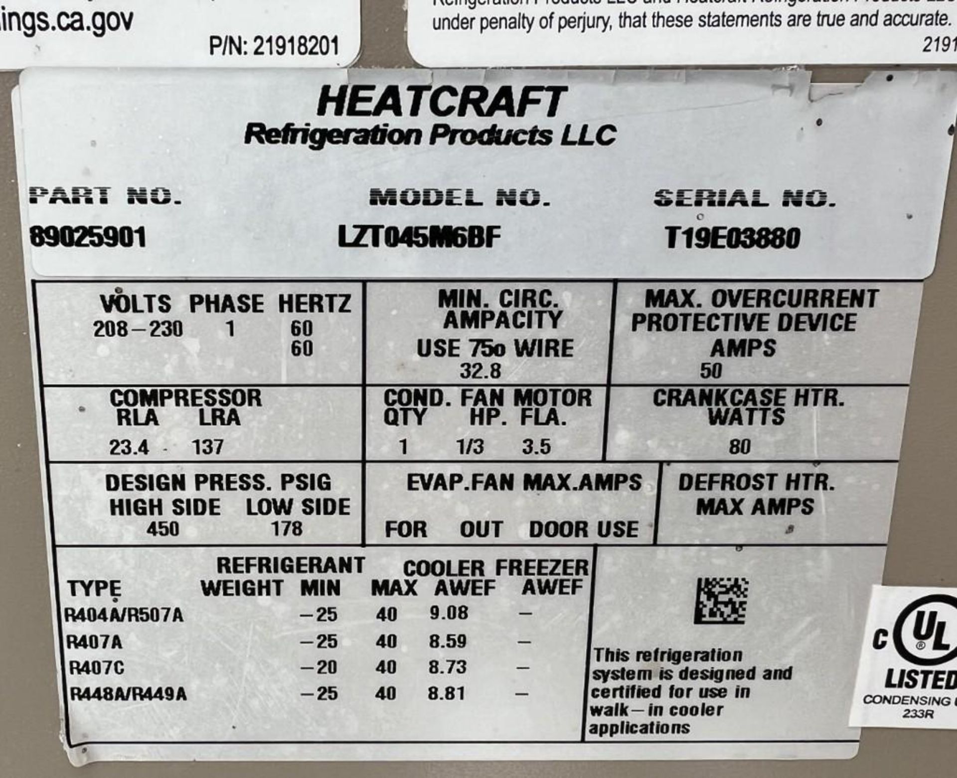 Chilled Water System Consisting of: (1) Heatcraft air cooled condensing unit, model LZT045M6BF, seri - Image 4 of 14