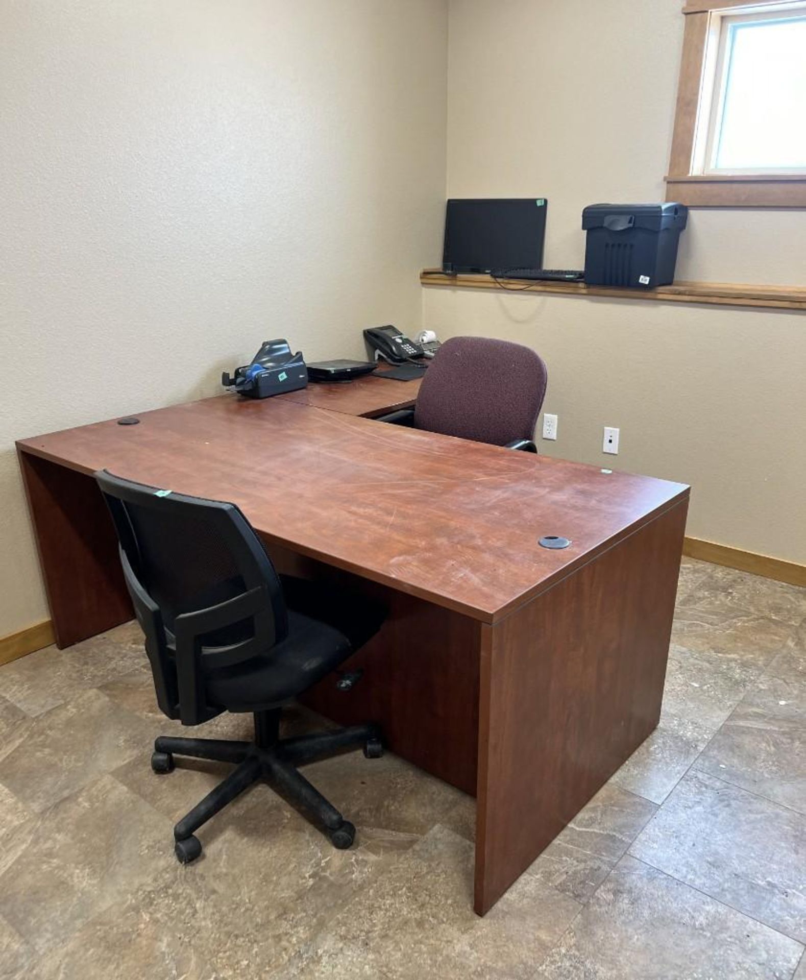 Lot Of Contents Of Room 6. With L shaped desk (2) chairs, monitor, keyboard, Philips DVD player, Pan