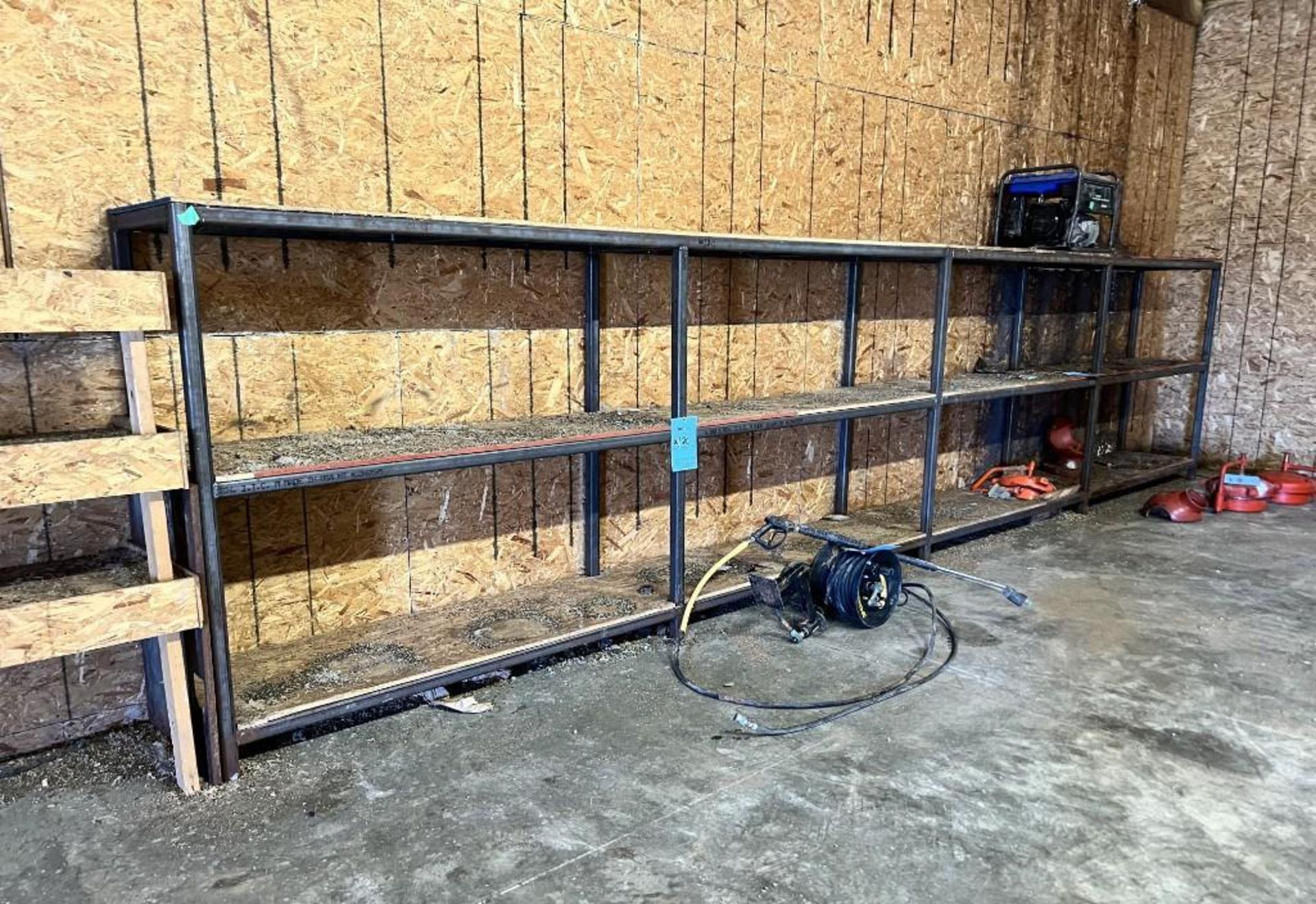 Lot Consisting Of: (2) Welded Metal Shelves, (1) 4 tier, (1) 3 tier, Landa hose reel with sprayer, ( - Image 3 of 14