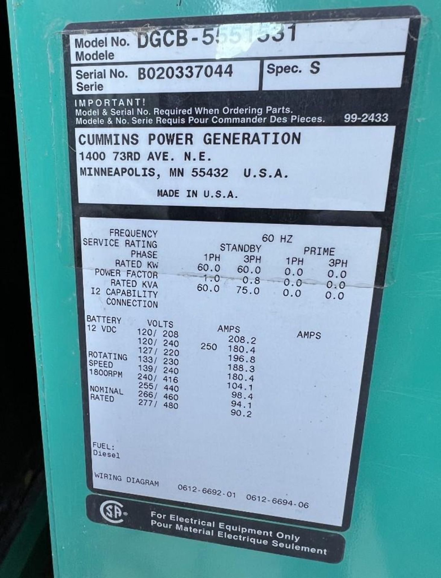 Cummins Power Generation QuiteSite 60kw Diesel Generator, Model DGCB-5551531, Serial# B020337044. - Image 9 of 21