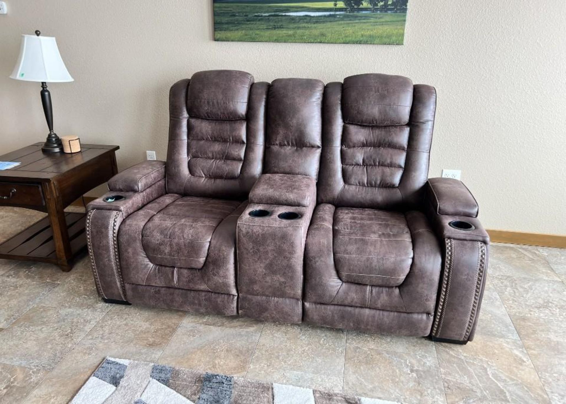 Lot Consisting Of: (2) Double Recliners, (1) Sofa, (2) end tables, coffee table, rug and lamps. **DE - Image 4 of 8