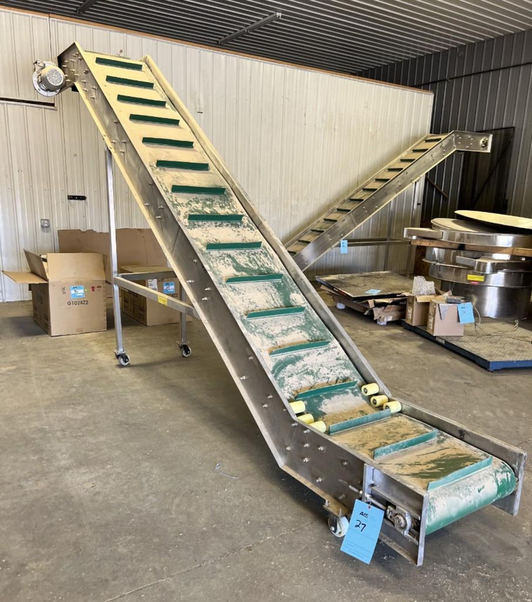 Rubber Belt Z Inclined Conveyor. Approximate 24" wide pleated belt, gearmotor, stainless steel frame