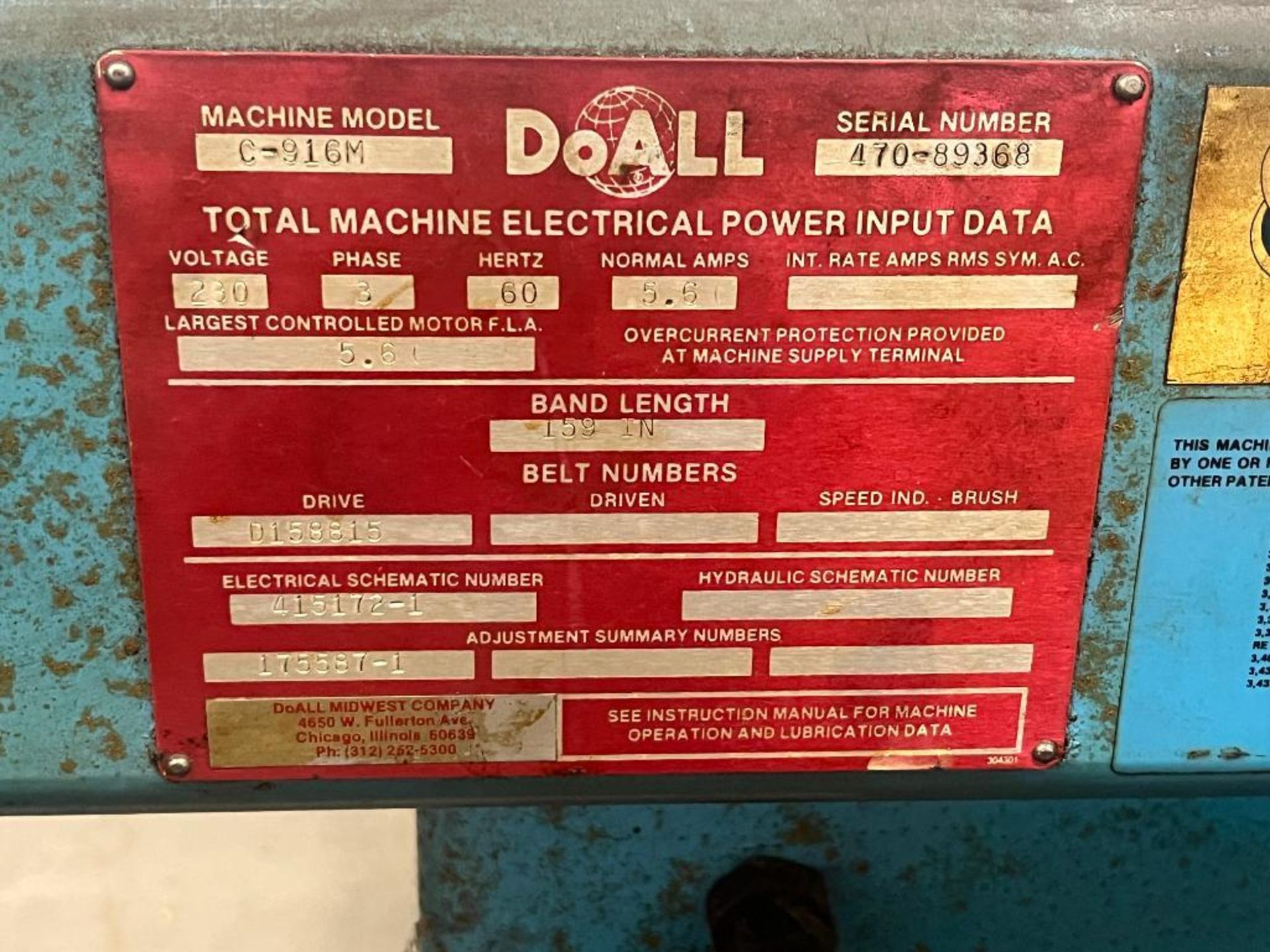 DoAll 9" 16" Job Selector Horizontal Band Saw Model C-916M, S/N 470-89368 with Power Clamping & Cool - Image 14 of 14