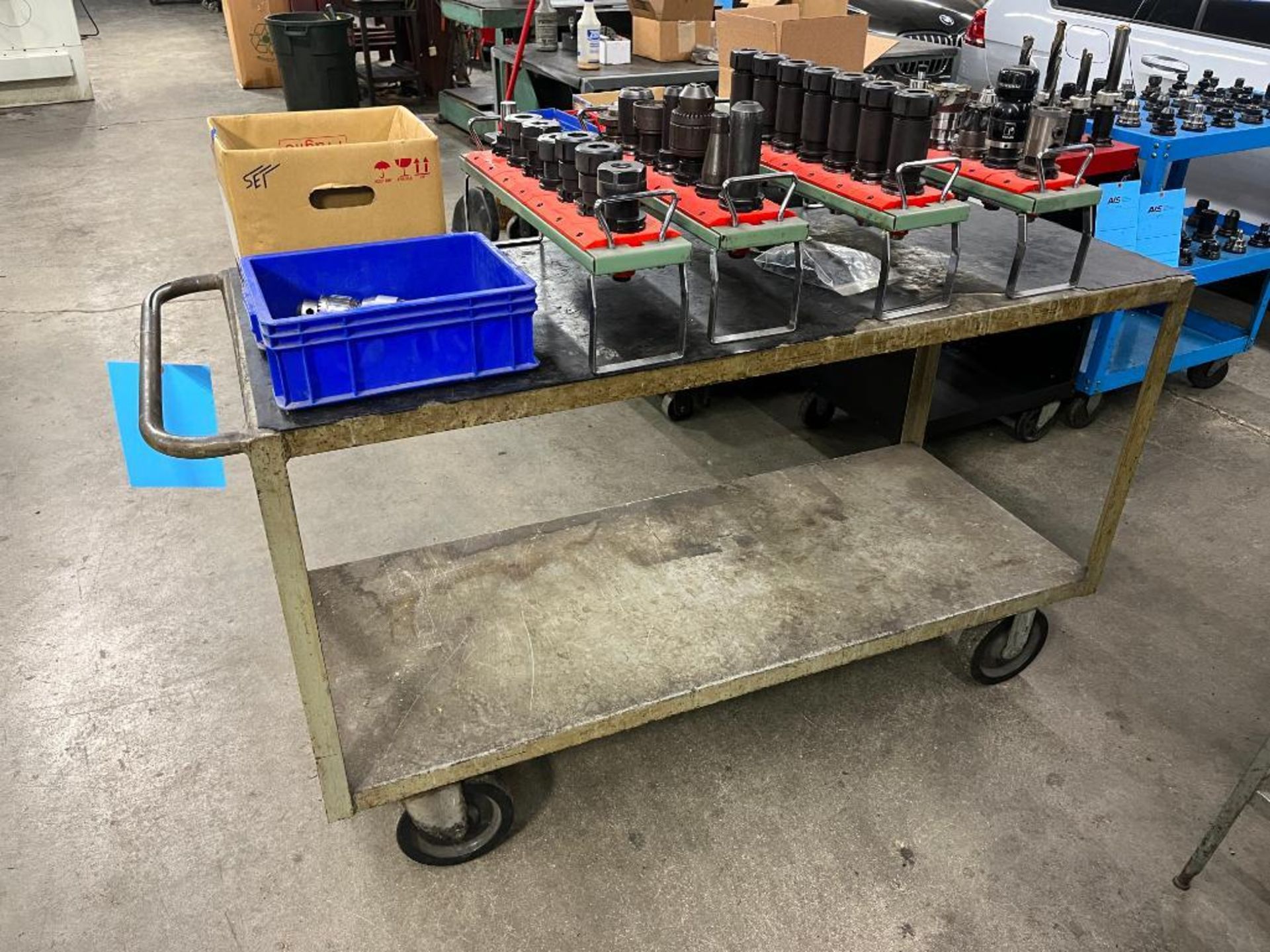 Steel Work Cart with (4) Racks Containing Misc. Tool Holders, (1) Bin of Misc. Tool Holders & (1) Bo