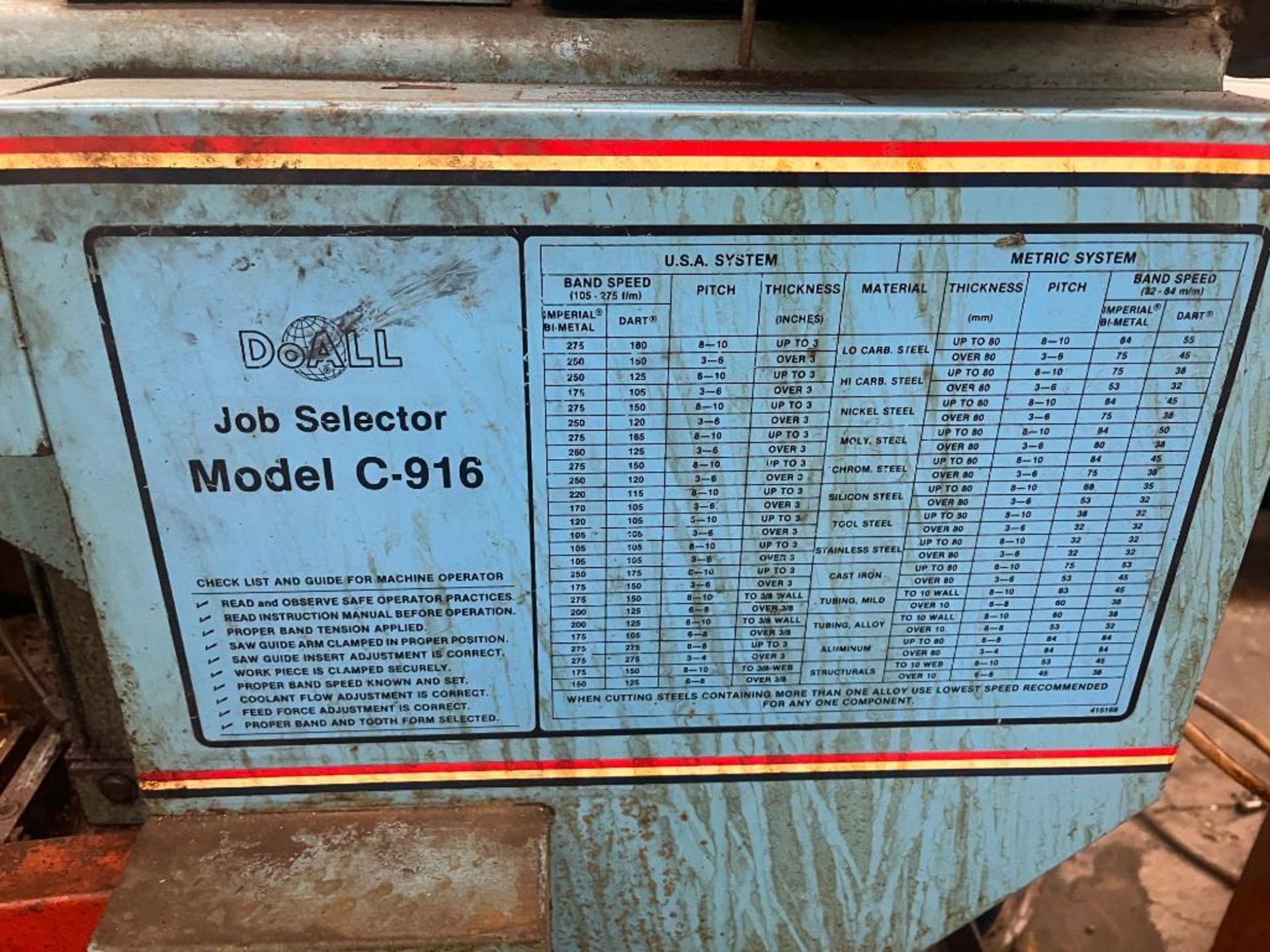 DoAll 9" 16" Job Selector Horizontal Band Saw Model C-916M, S/N 470-89368 with Power Clamping & Cool - Image 4 of 14