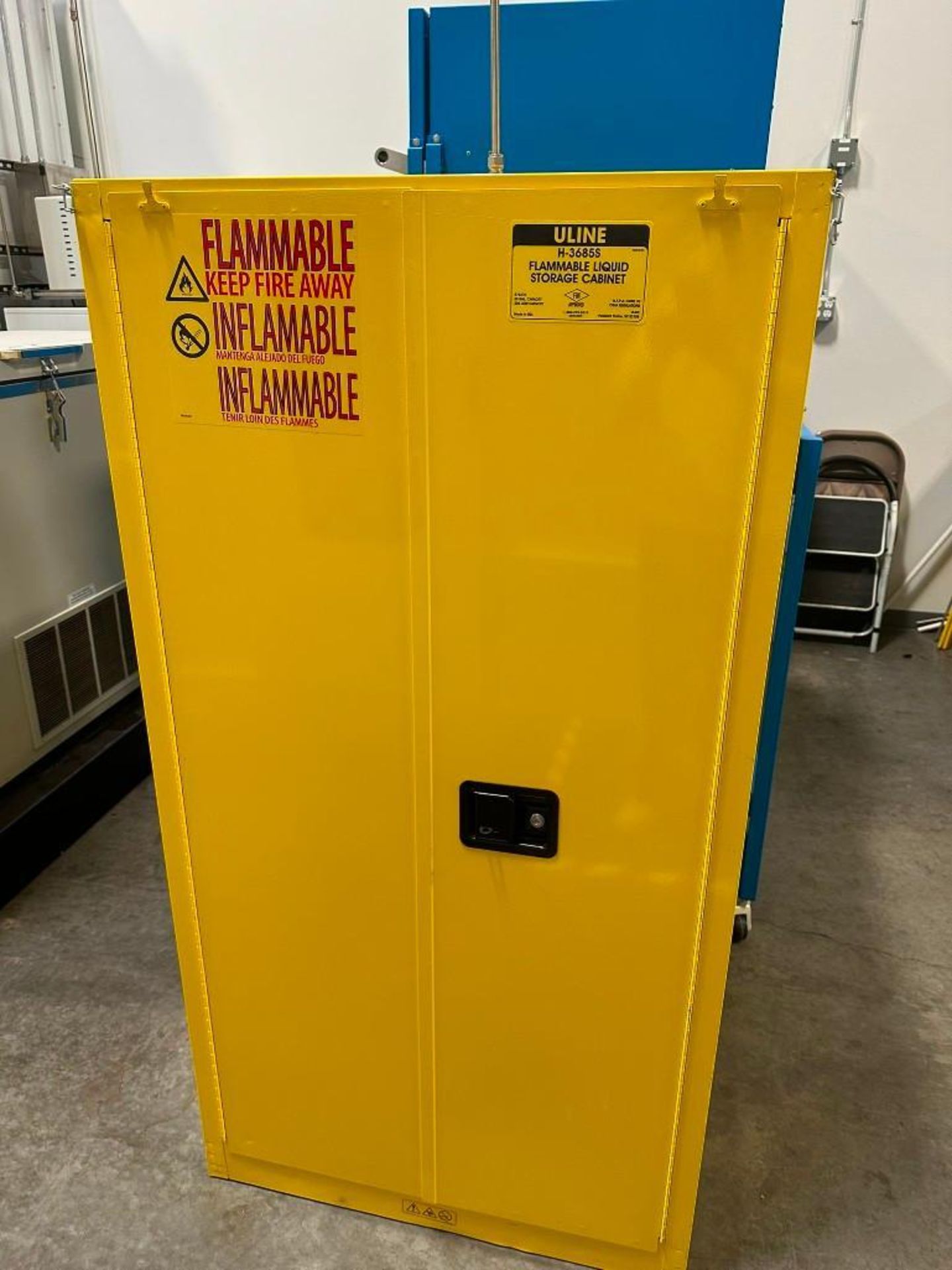 Uline 55 Gallon Flammable liquid storage cabinet - vertical, self closing doors, 34" x 34" x 65"