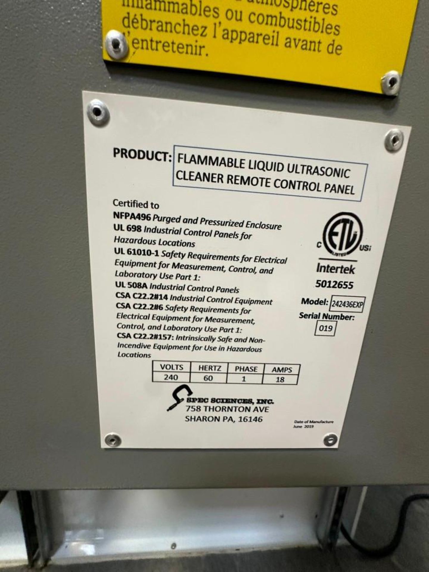 Spec Sciences Flammable Liquid Ultrasonic Cleaner Model 242436, S/N 00619150, with Control Panel and - Image 13 of 14