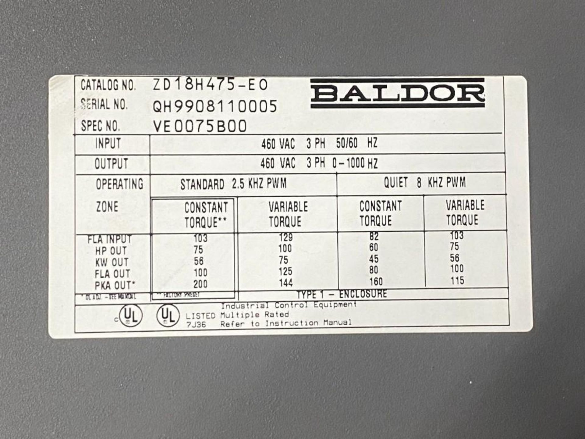 1 NEW ON ORIGINAL PALLET BALDOR VECTOR DRIVE 75HP ZD18H475-E0 - Image 2 of 3