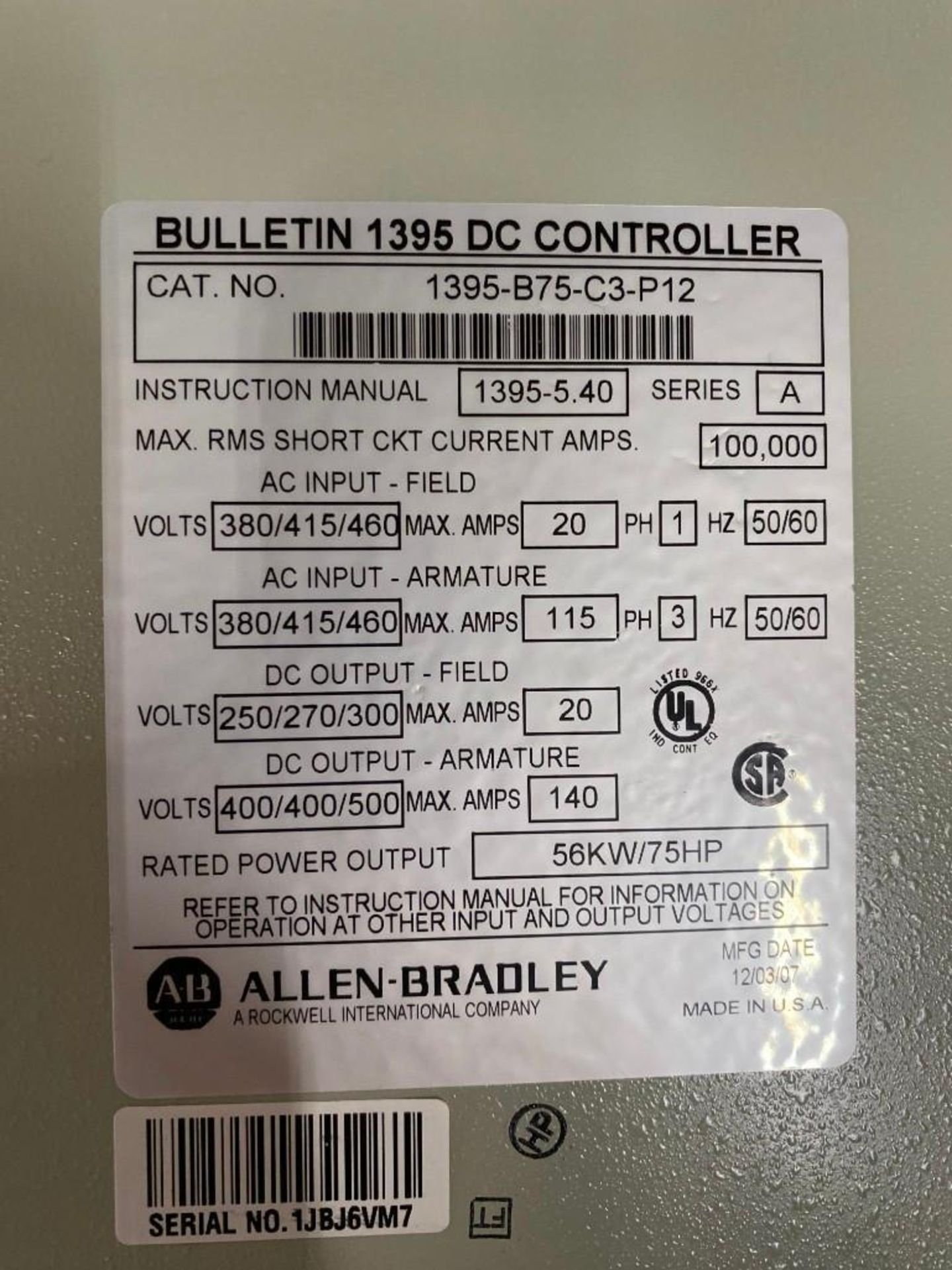 1 USED SPARE ALLEN BRADLEY 1395 DC DRIVE 1395-B75-C3-P12 - Image 2 of 4