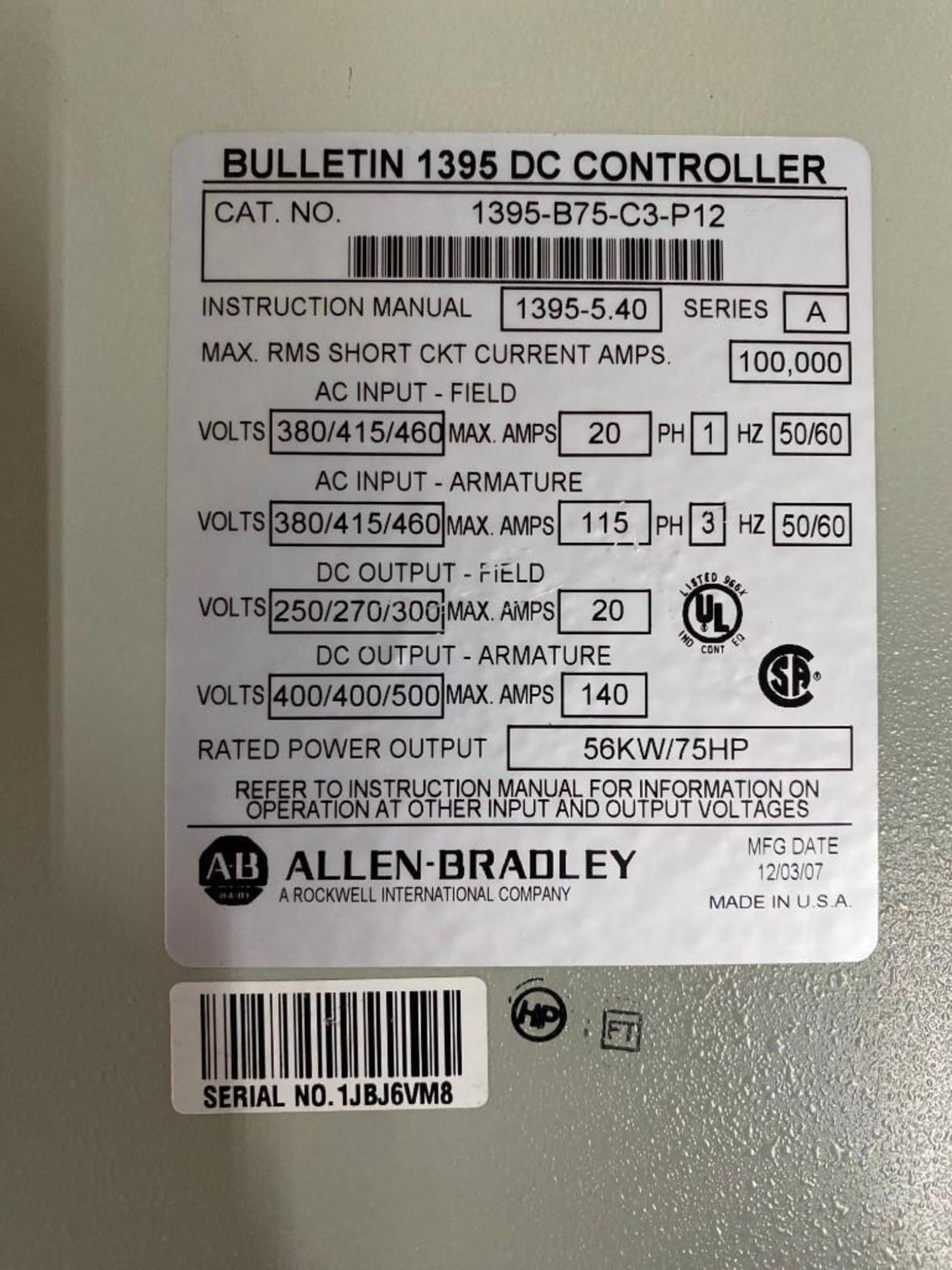 1 USED SPARE ALLEN BRADLEY 1395 DC DRIVE 1395-B75-C3-P12 - Image 2 of 4