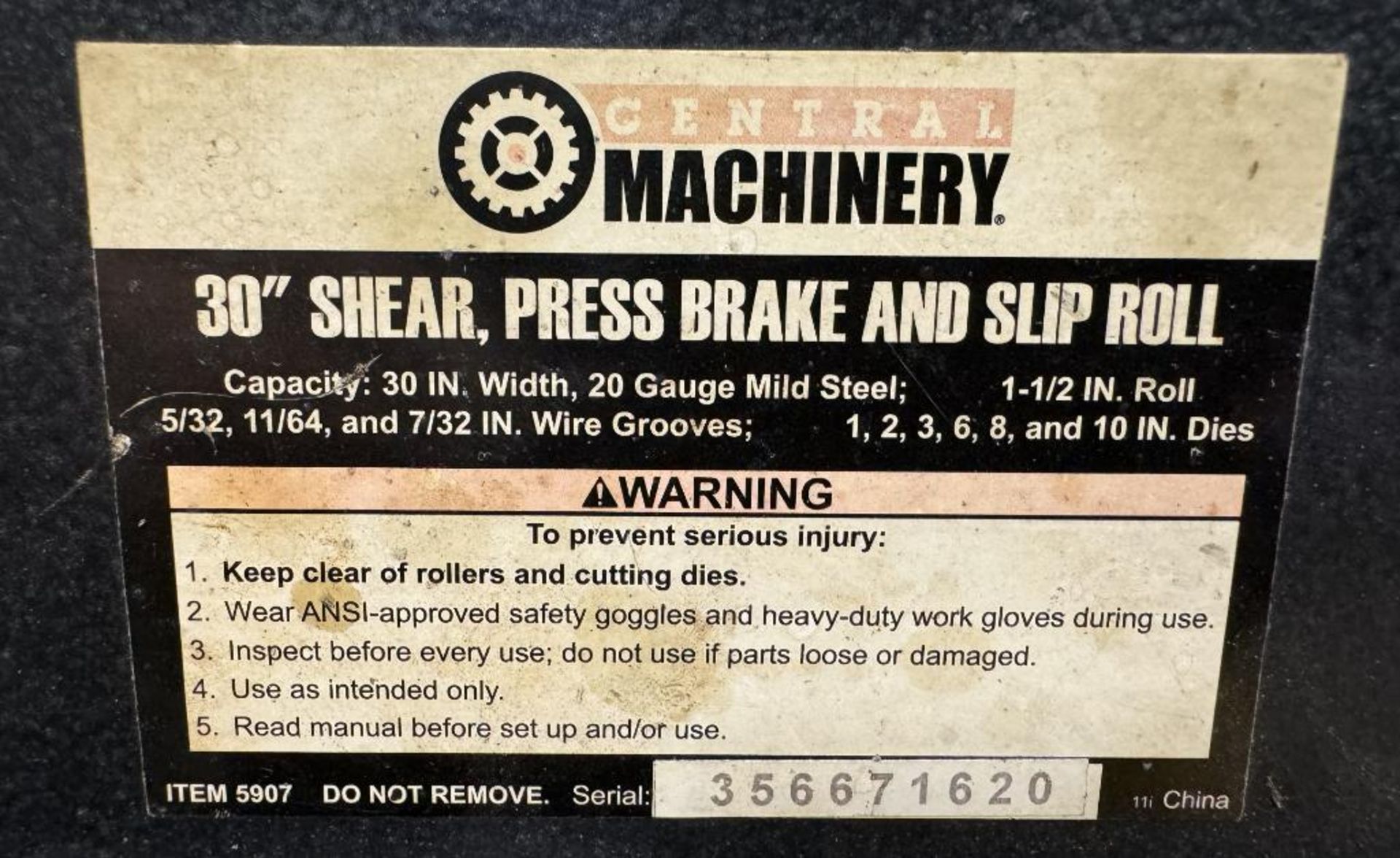 Central Machinery 30" Shear, Press Brake & Slip Roll, Serial# 356671620. - Image 5 of 5