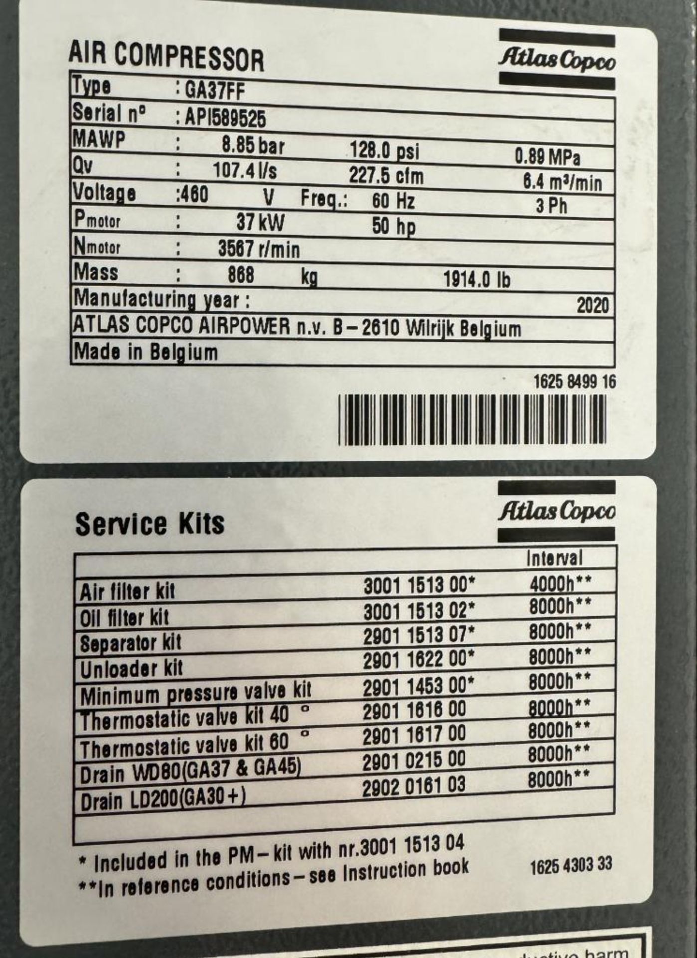 Atlas Copco Air Compressor, Model GA37FF, Serial# API589525, Built 2020. Approximate 3923 running ho - Image 9 of 9